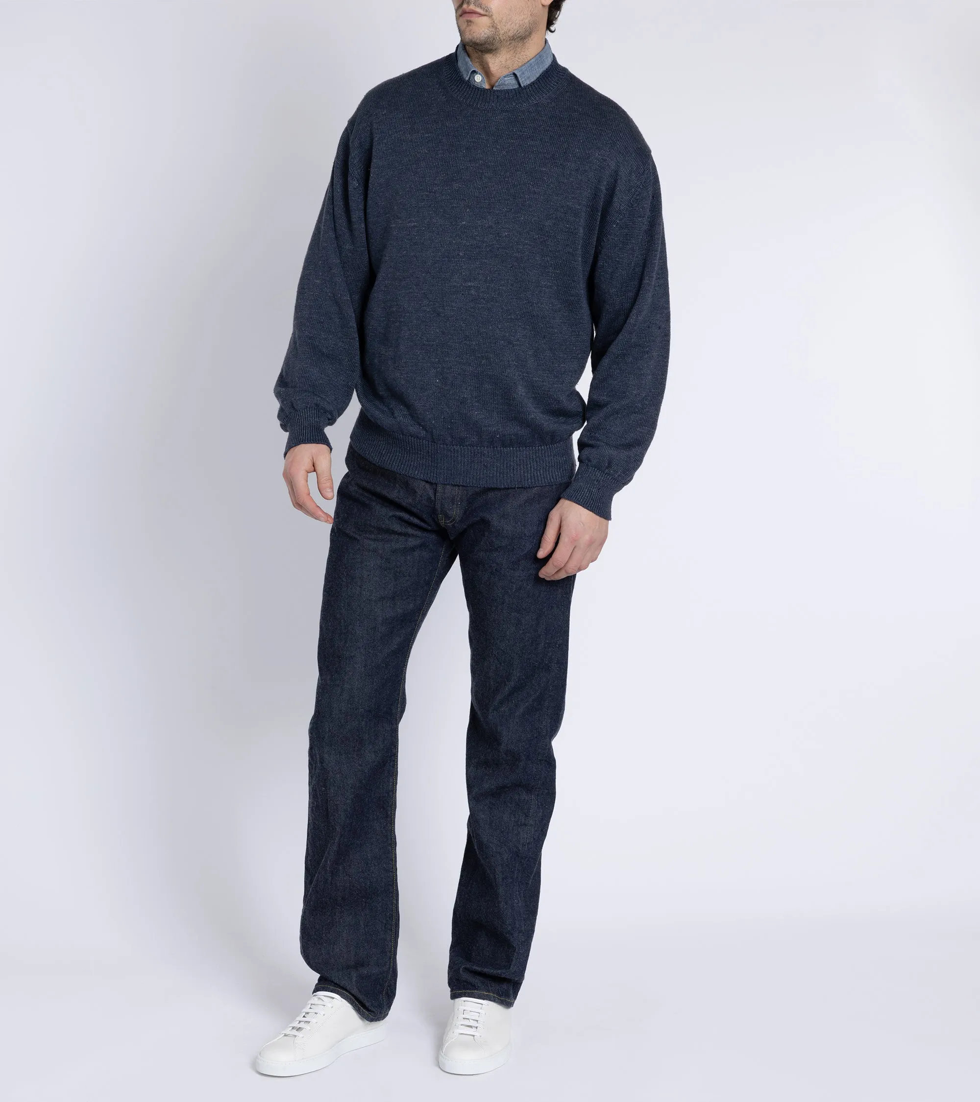 Batoner Washed High Count Linen Crew Neck Sweater: Navy
