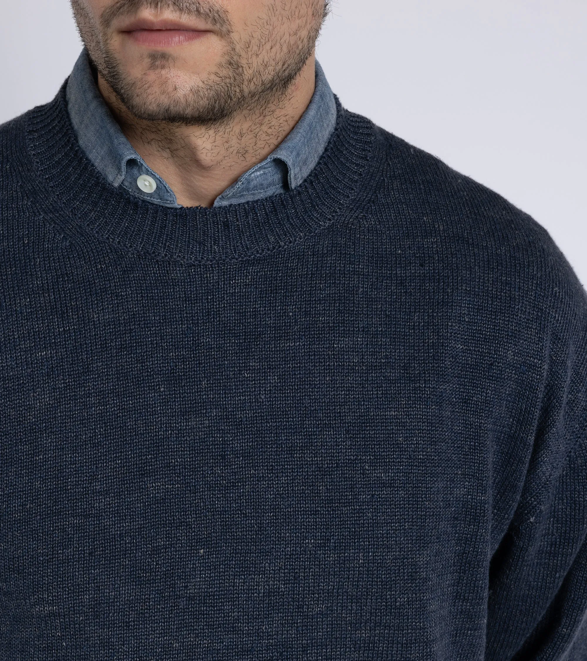 Batoner Washed High Count Linen Crew Neck Sweater: Navy