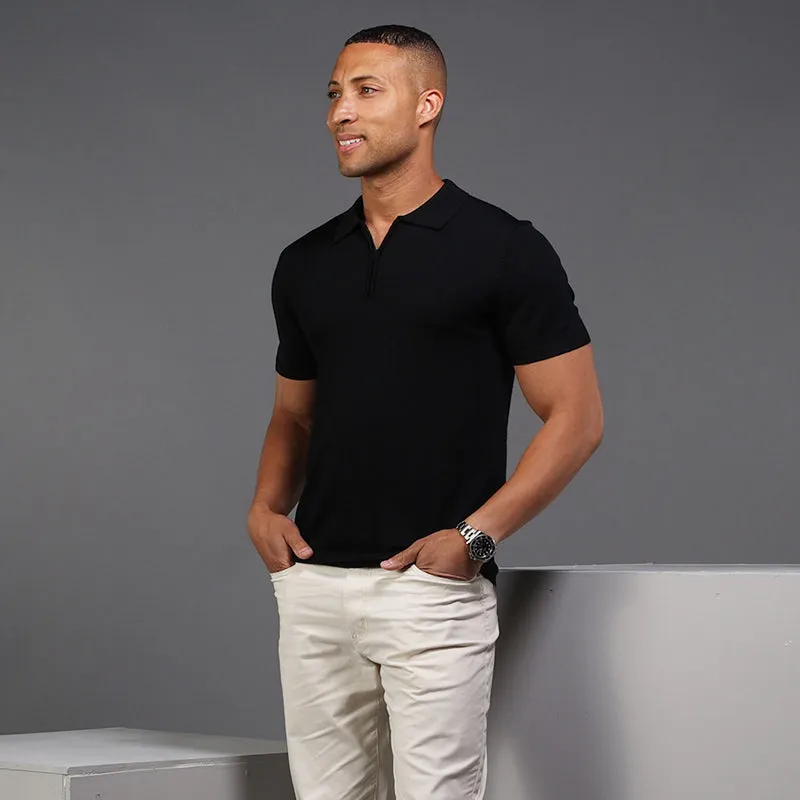 Black Venetian Merino Zip Polo