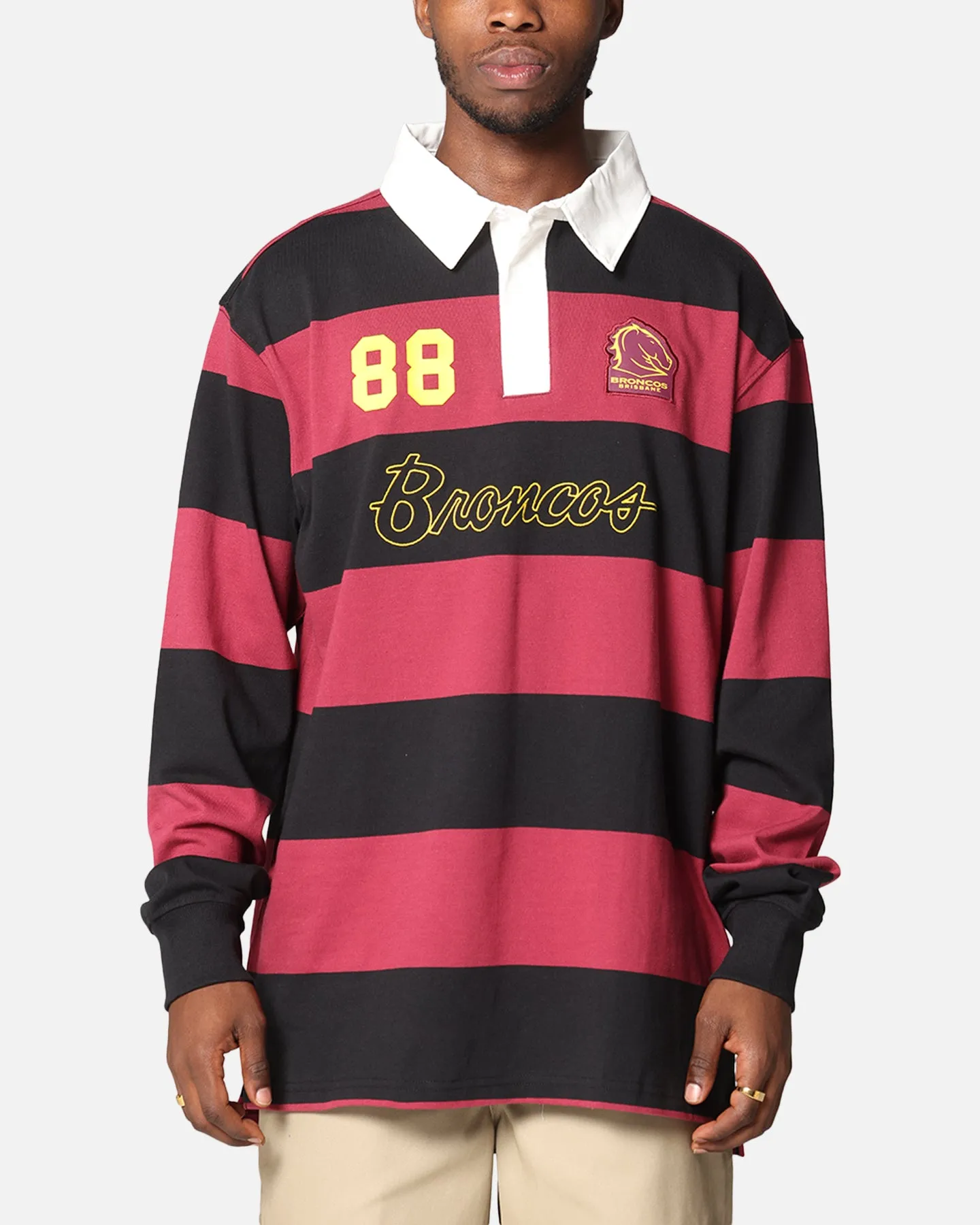Bleacher Athletic Brisbane Broncos NRL Stripe Rugby Polo Shirt Official Team Colour