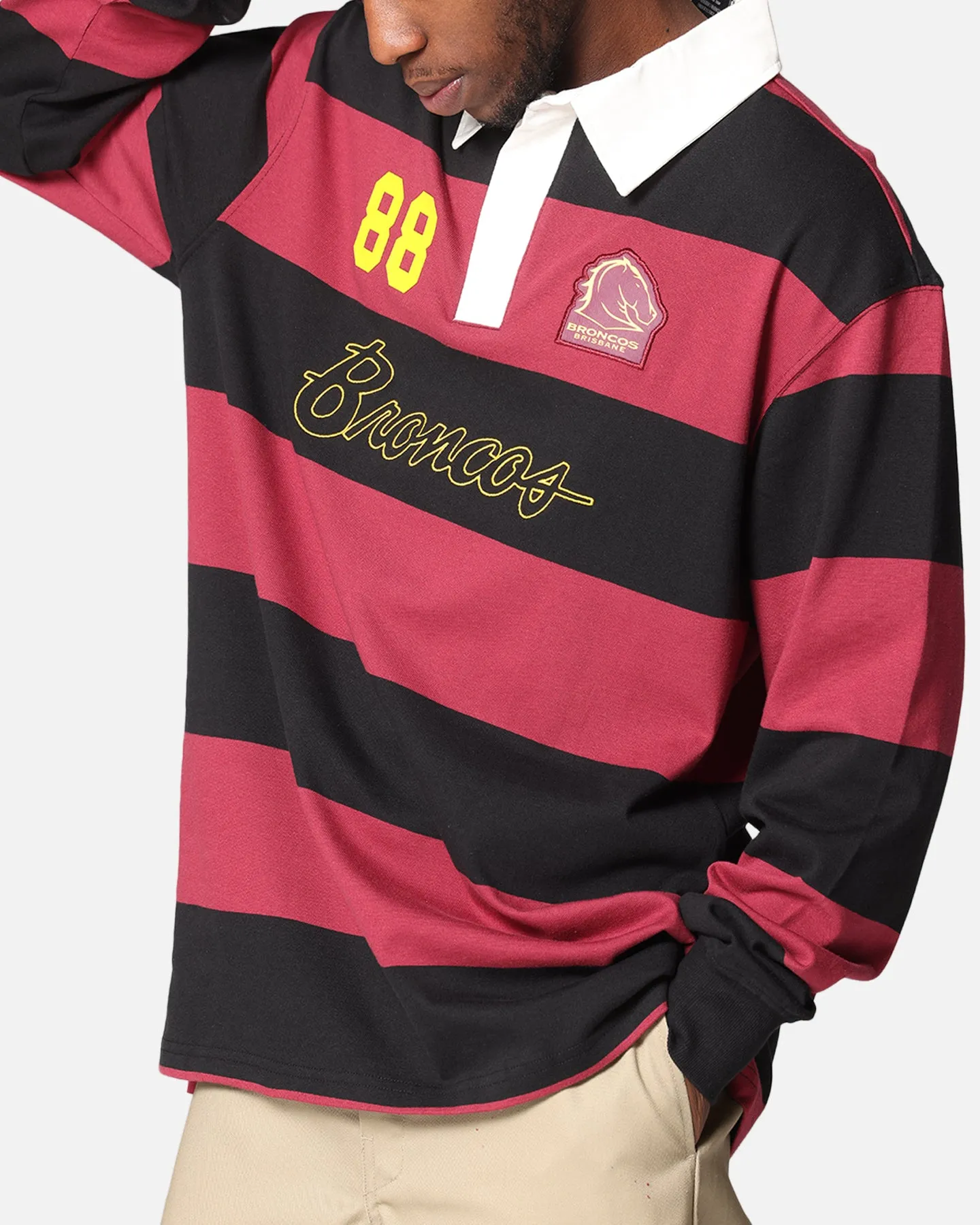 Bleacher Athletic Brisbane Broncos NRL Stripe Rugby Polo Shirt Official Team Colour