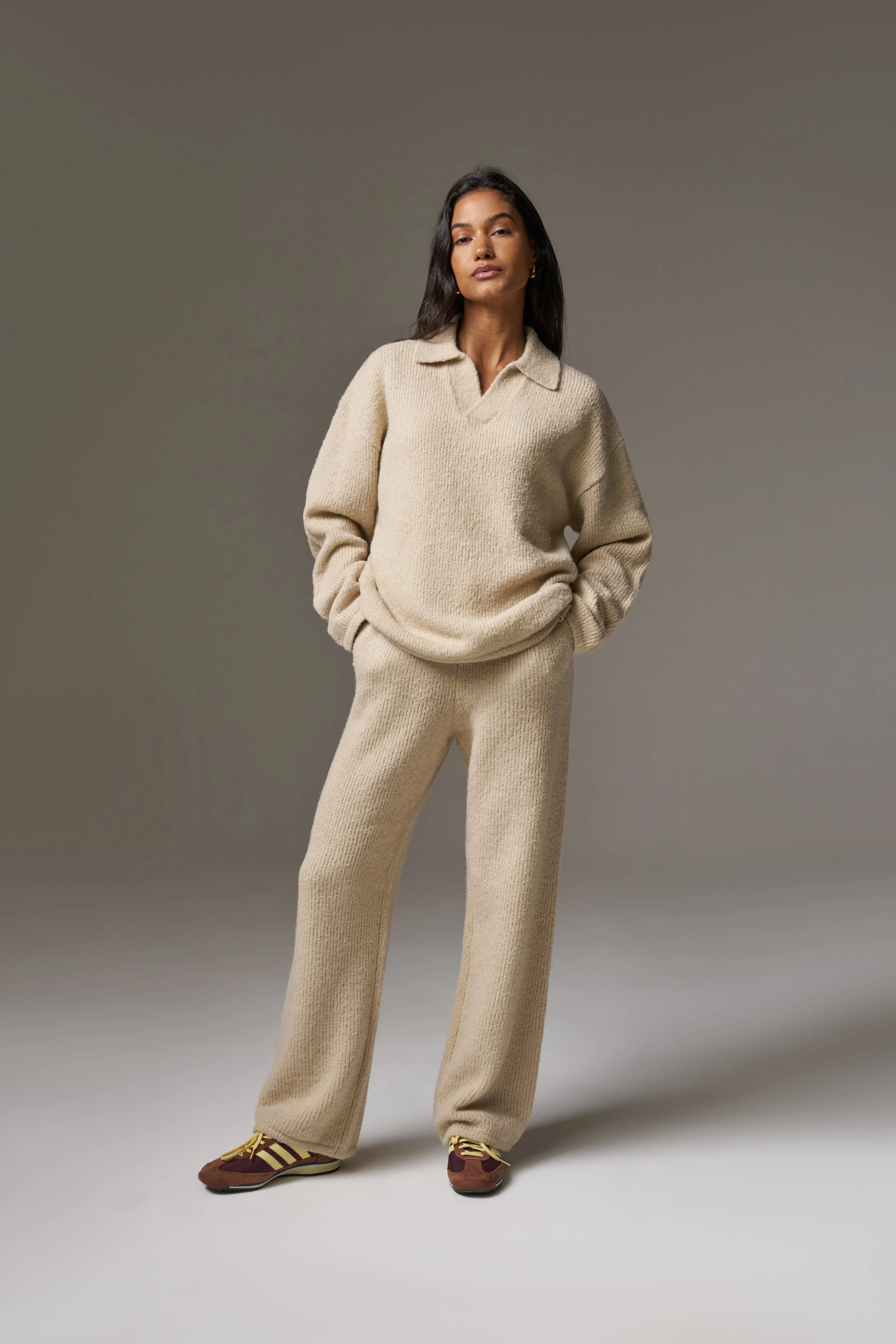 BOUCLE KNIT LONG SLEEVE POLO - STONE