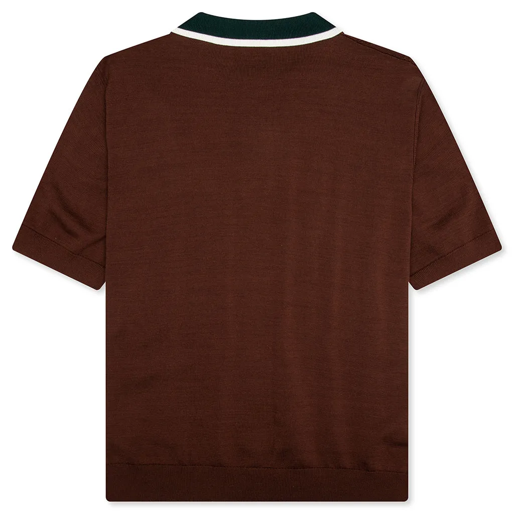 Cable Knit Oversized Polo Shirt - Dark Brown