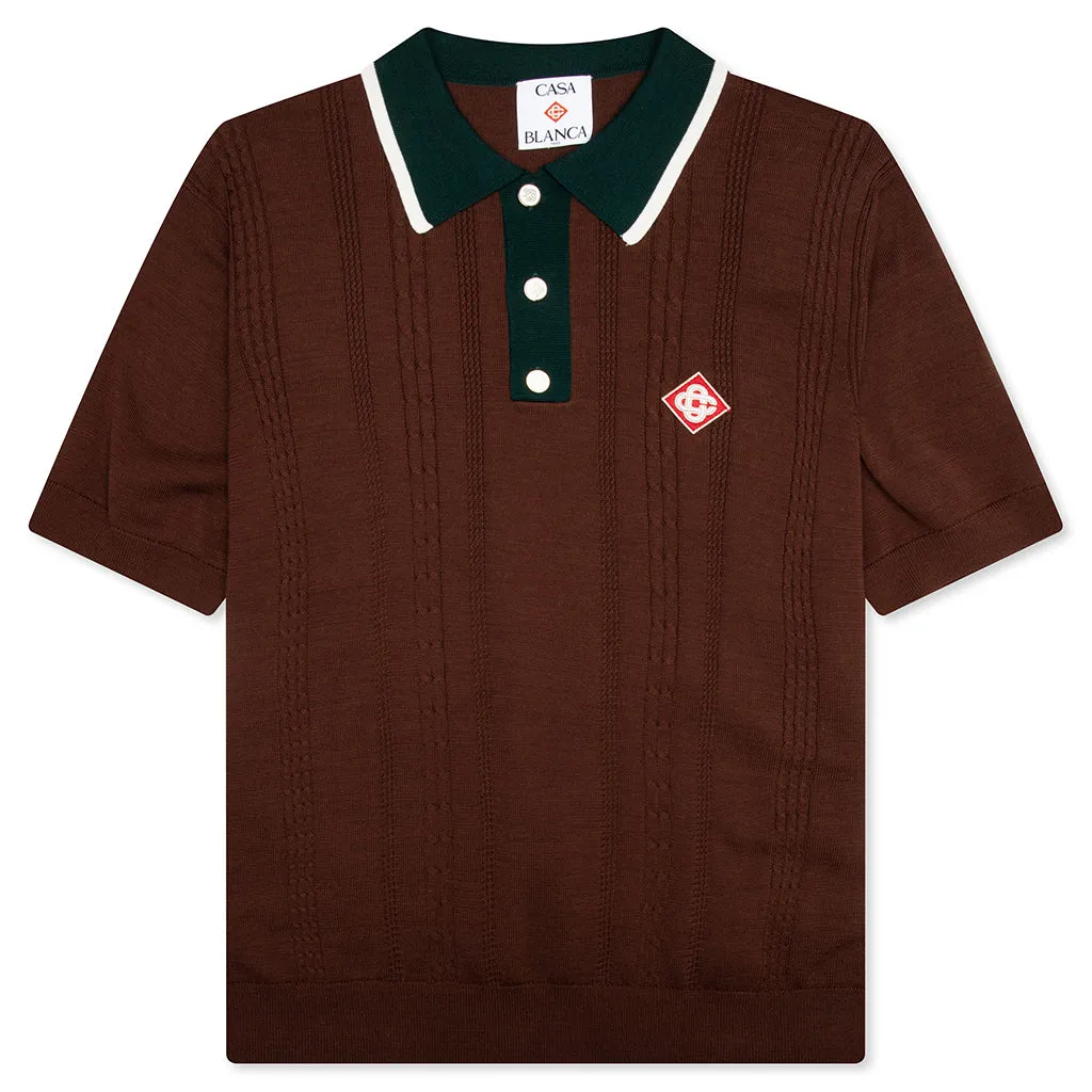 Cable Knit Oversized Polo Shirt - Dark Brown