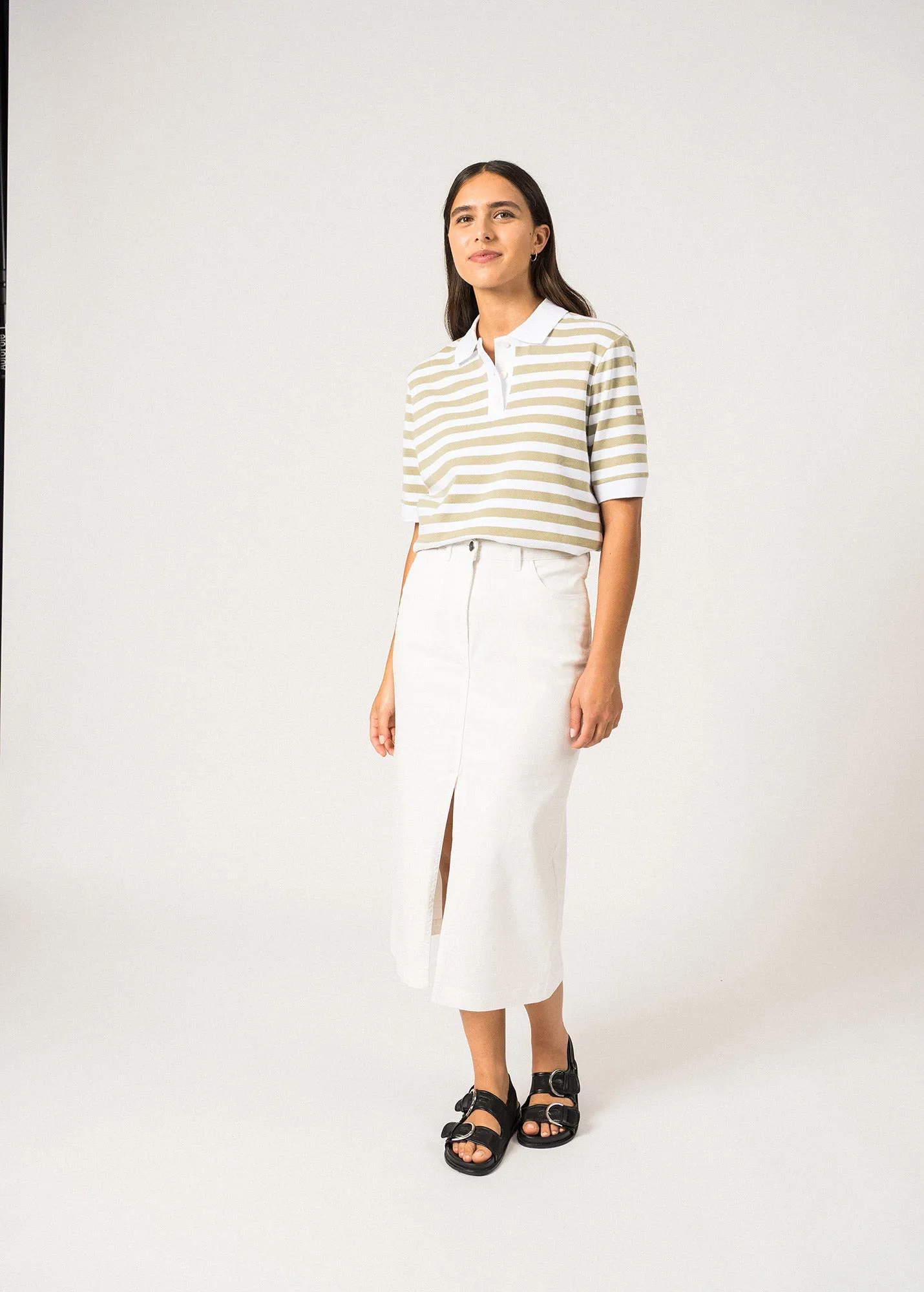 CAROLA - Striped Cotton Polo Shirt  (WHITE / SOFT ALMOND)