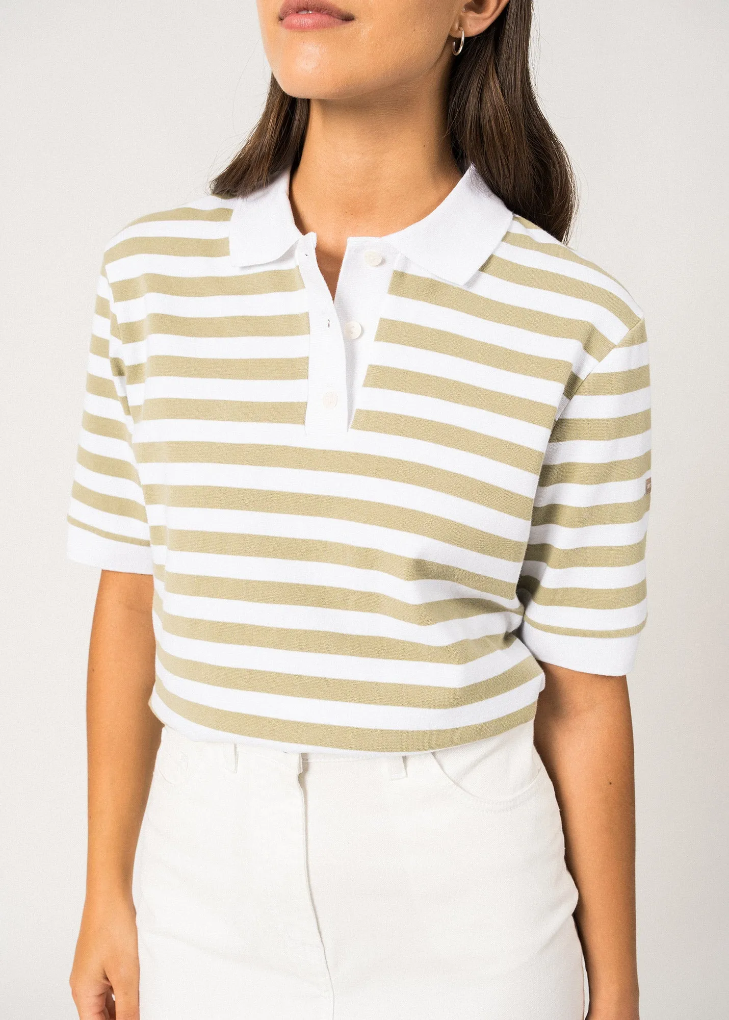 CAROLA - Striped Cotton Polo Shirt  (WHITE / SOFT ALMOND)