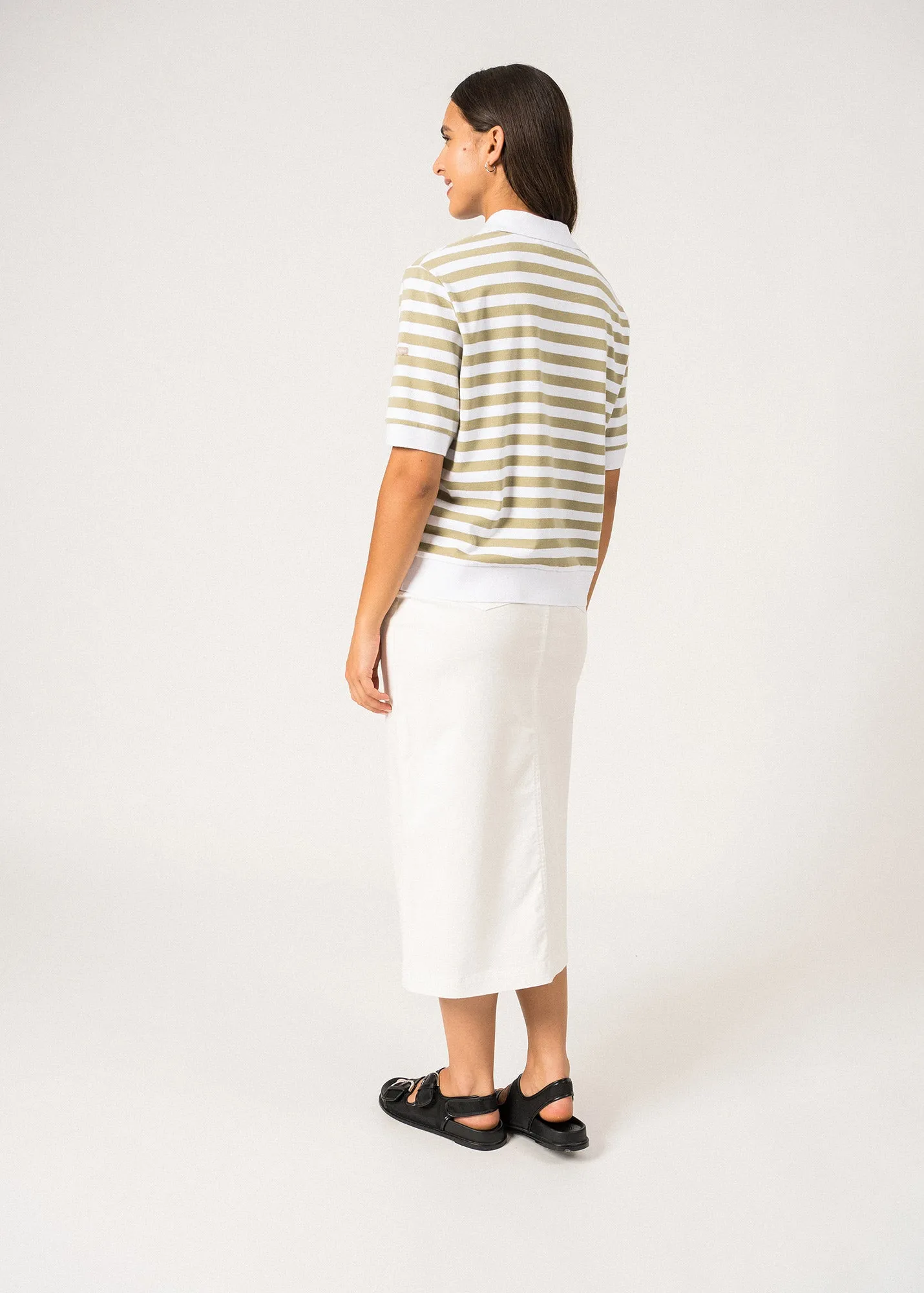 CAROLA - Striped Cotton Polo Shirt  (WHITE / SOFT ALMOND)