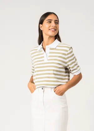 CAROLA - Striped Cotton Polo Shirt  (WHITE / SOFT ALMOND)