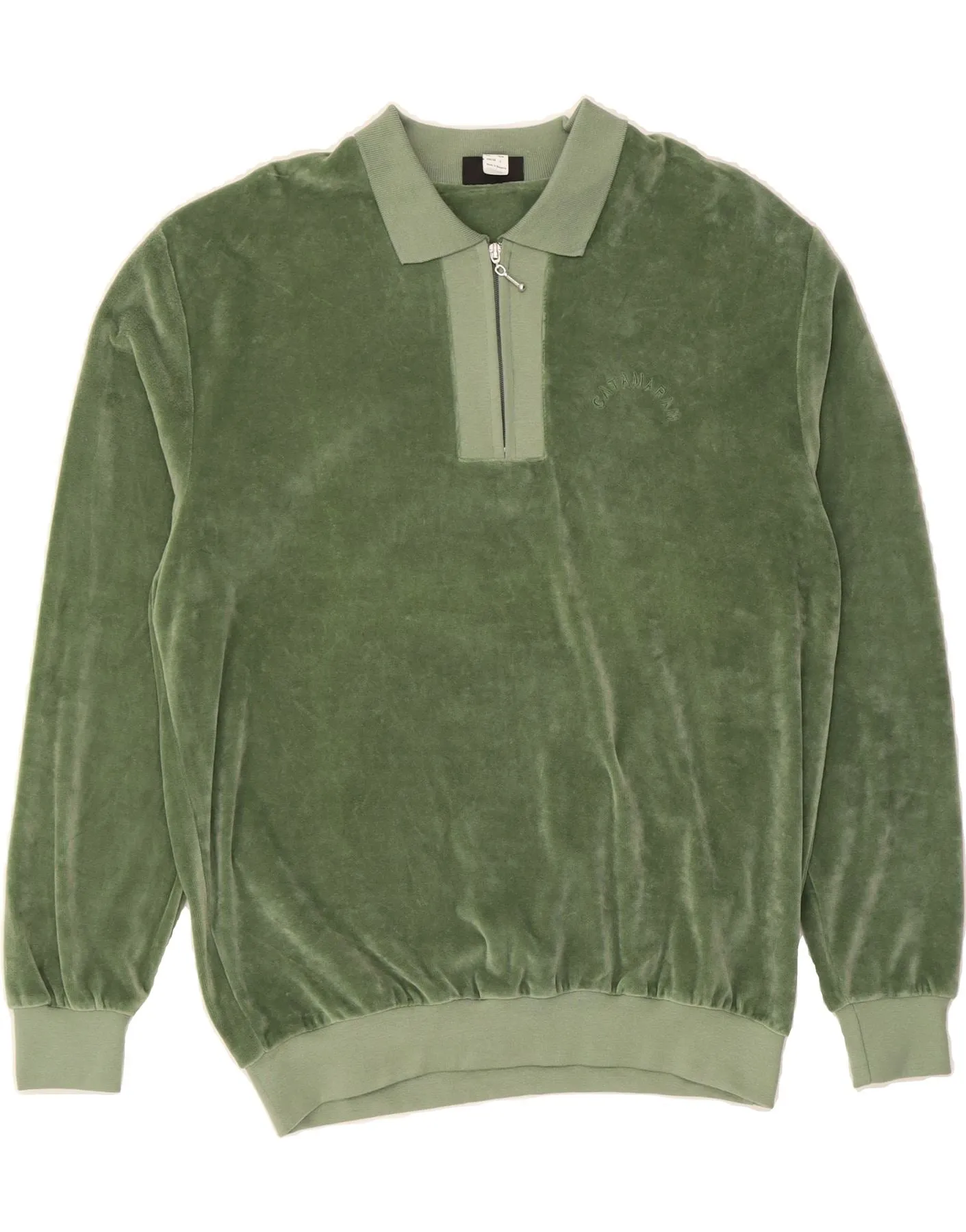 CATAMARAN Mens Polo Neck Fleece Jumper IT 52/54 Large Green Cotton