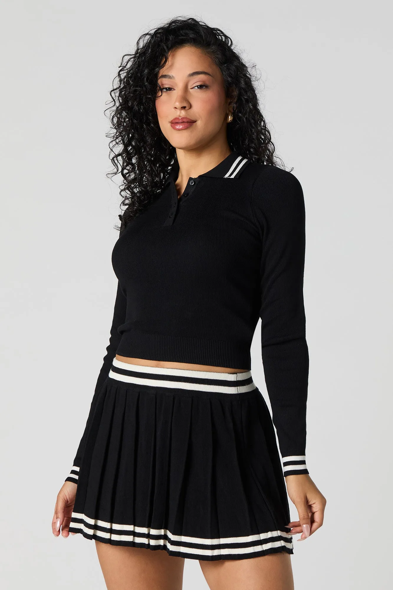 Contrast Knit Long Sleeve Crop Top