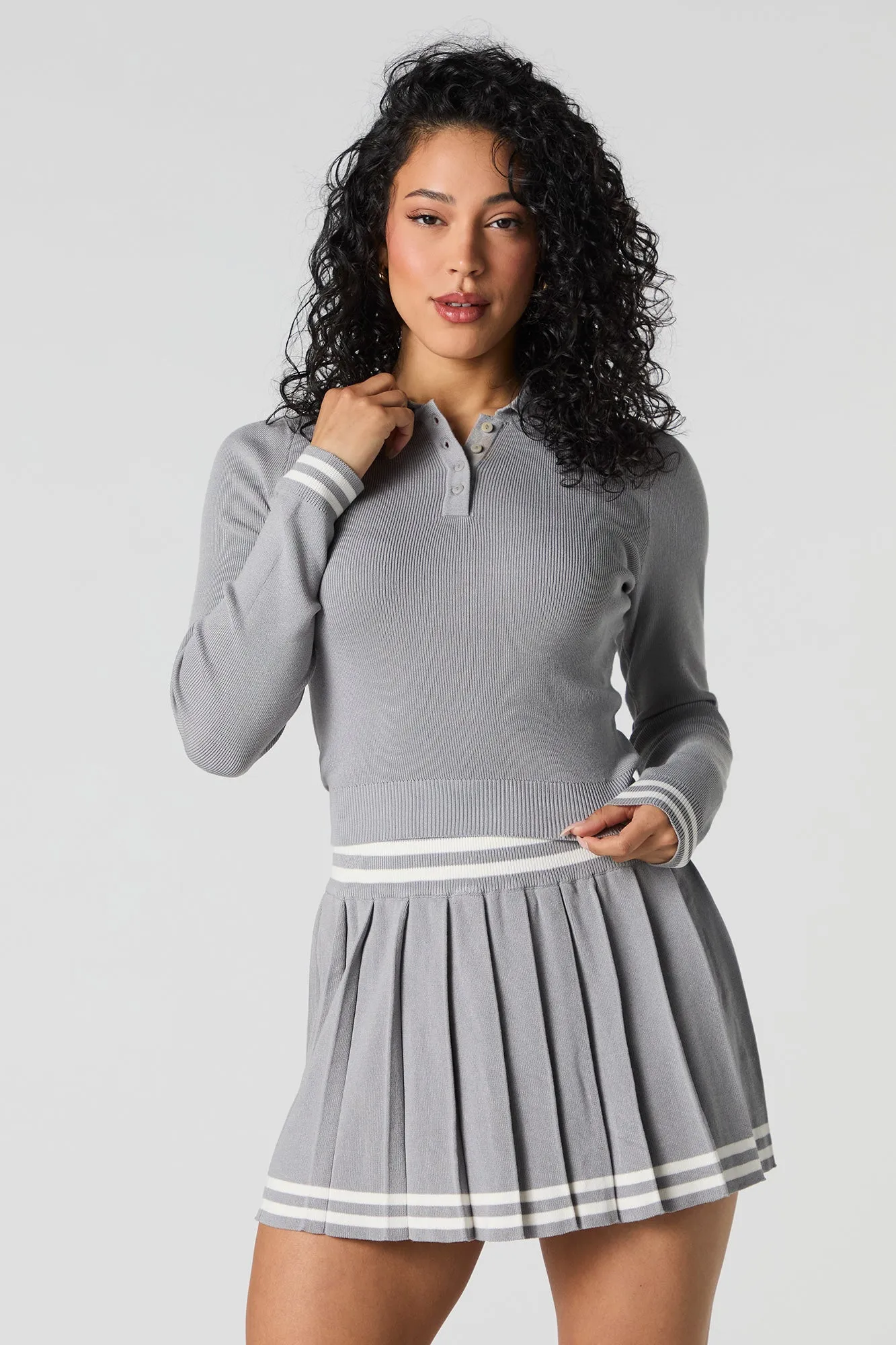 Contrast Knit Long Sleeve Crop Top