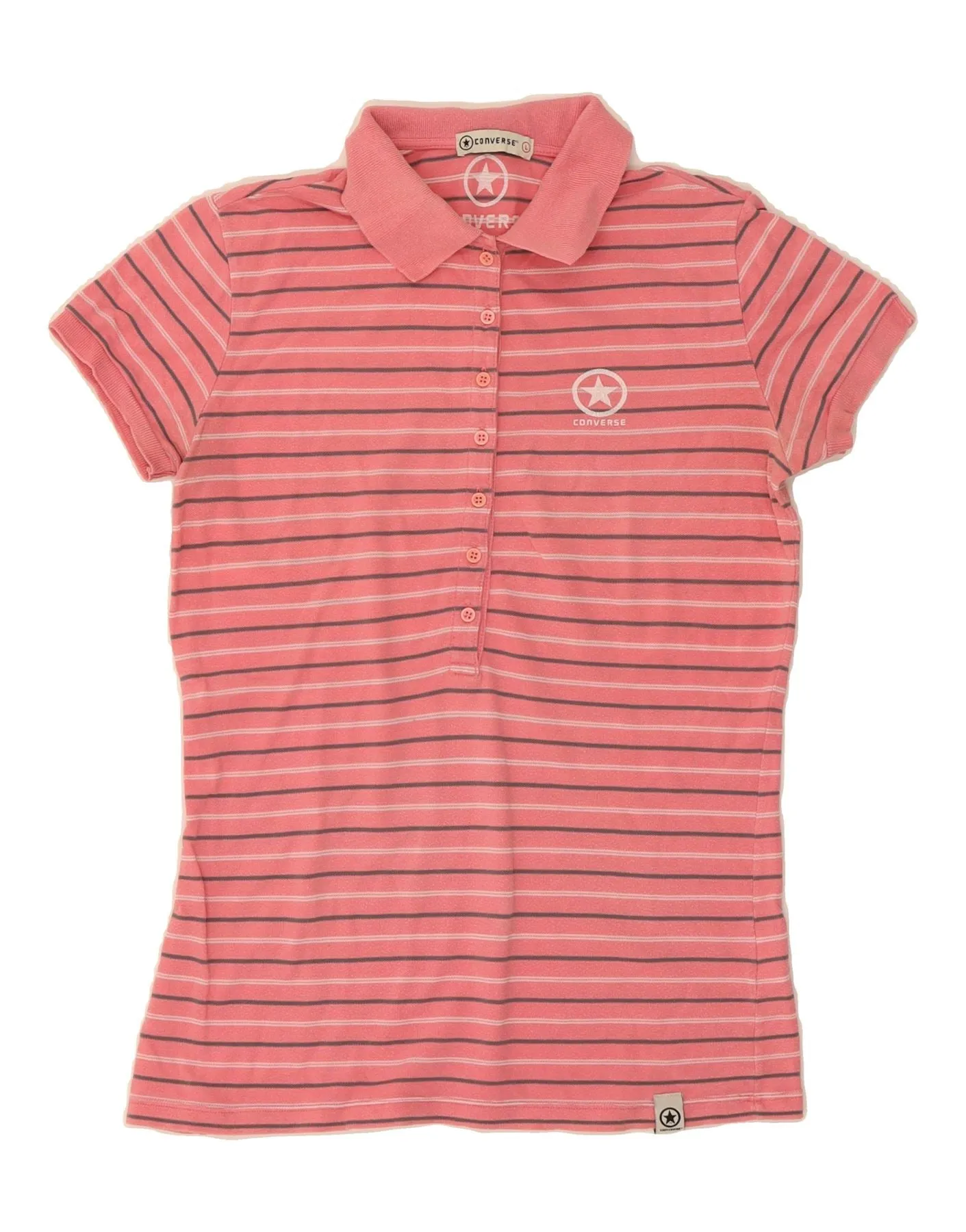 CONVERSE Womens Polo Shirt UK 14 Large Pink Striped Cotton