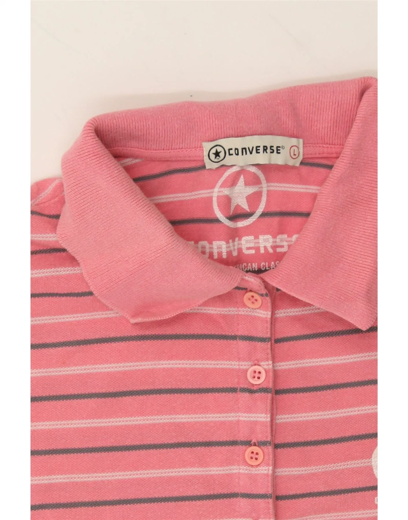 CONVERSE Womens Polo Shirt UK 14 Large Pink Striped Cotton