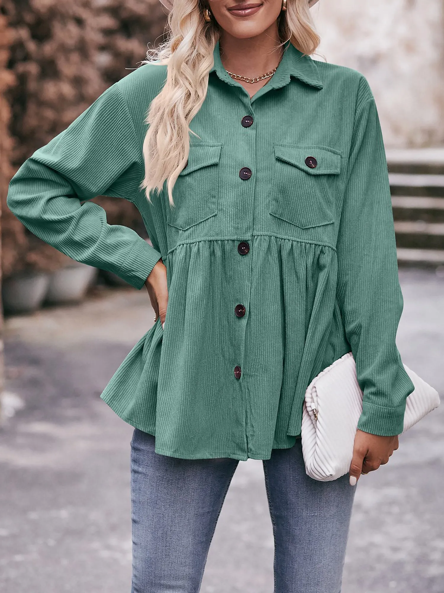 Corduroy Collared Button Down Babydoll Blouse