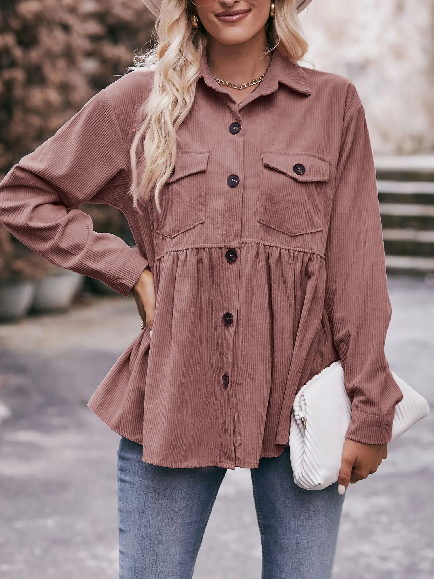 Corduroy Collared Button Down Babydoll Blouse