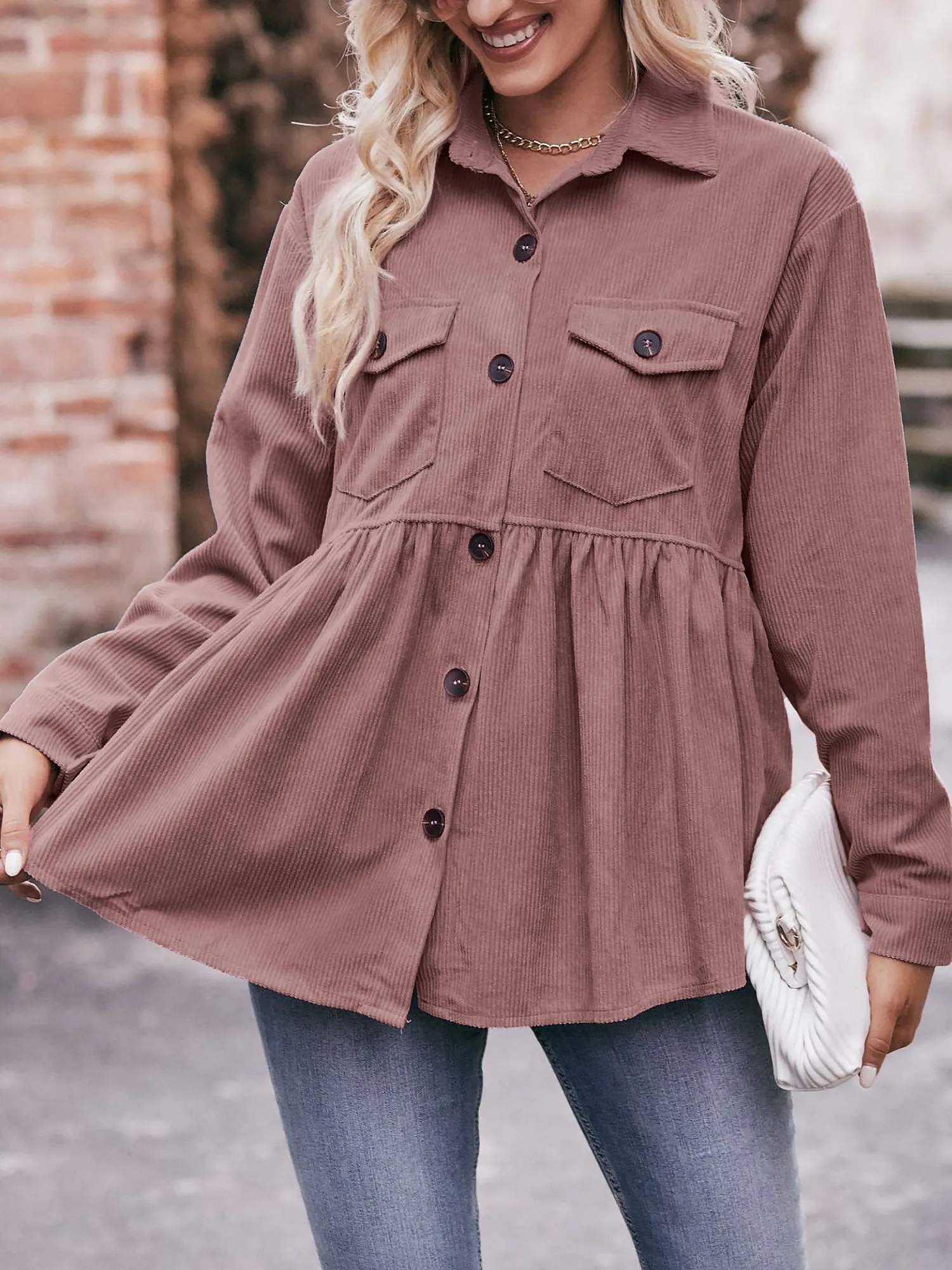Corduroy Collared Button Down Babydoll Blouse