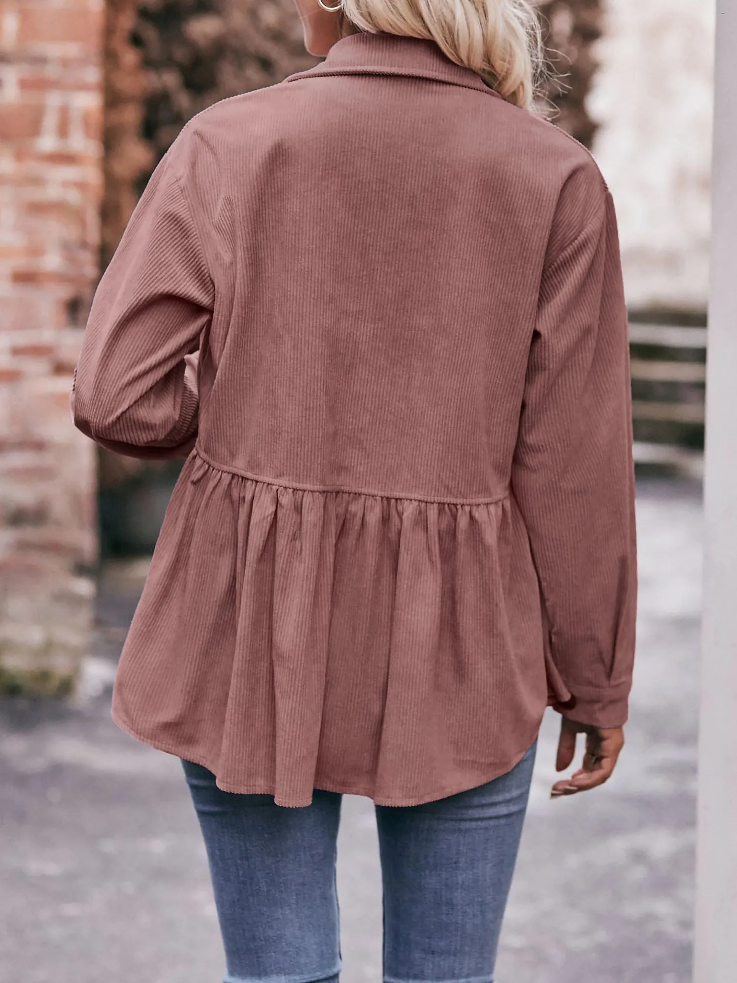 Corduroy Collared Button Down Babydoll Blouse