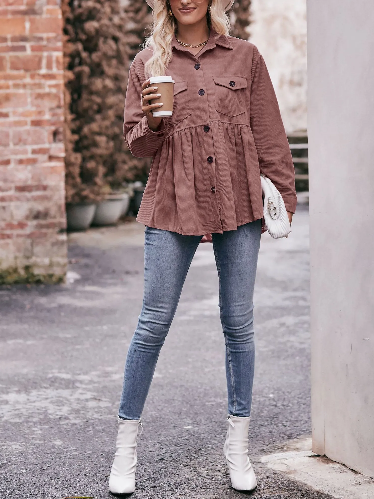 Corduroy Collared Button Down Babydoll Blouse