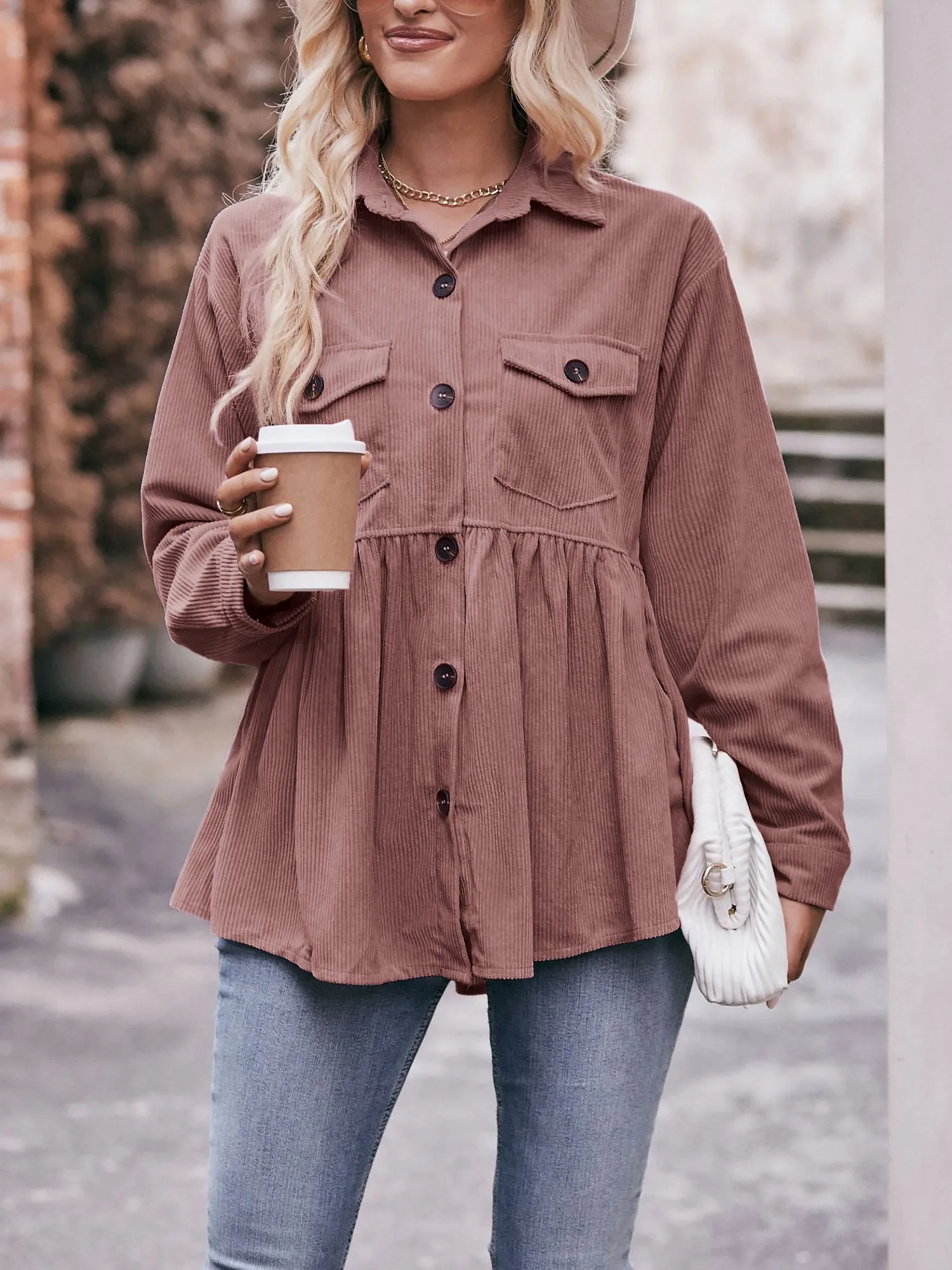 Corduroy Collared Button Down Babydoll Blouse