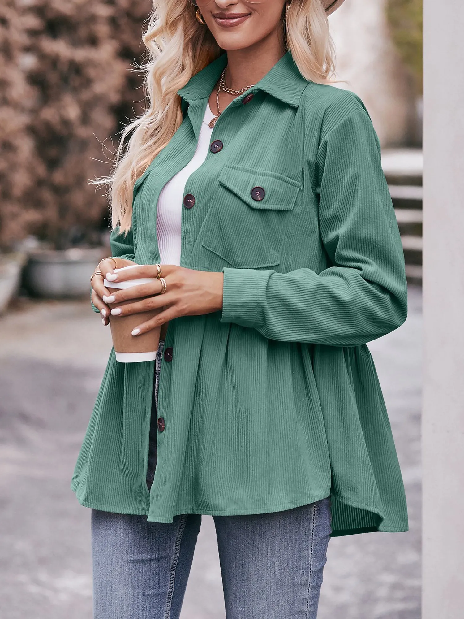 Corduroy Collared Button Down Babydoll Blouse
