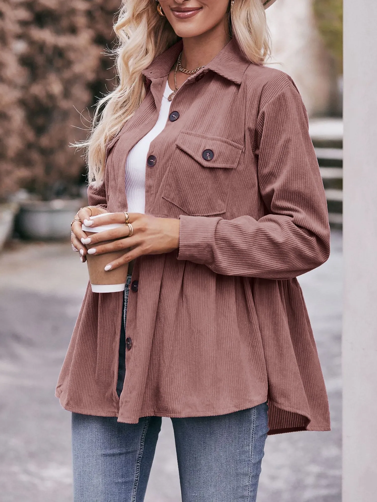 Corduroy Collared Button Down Babydoll Blouse
