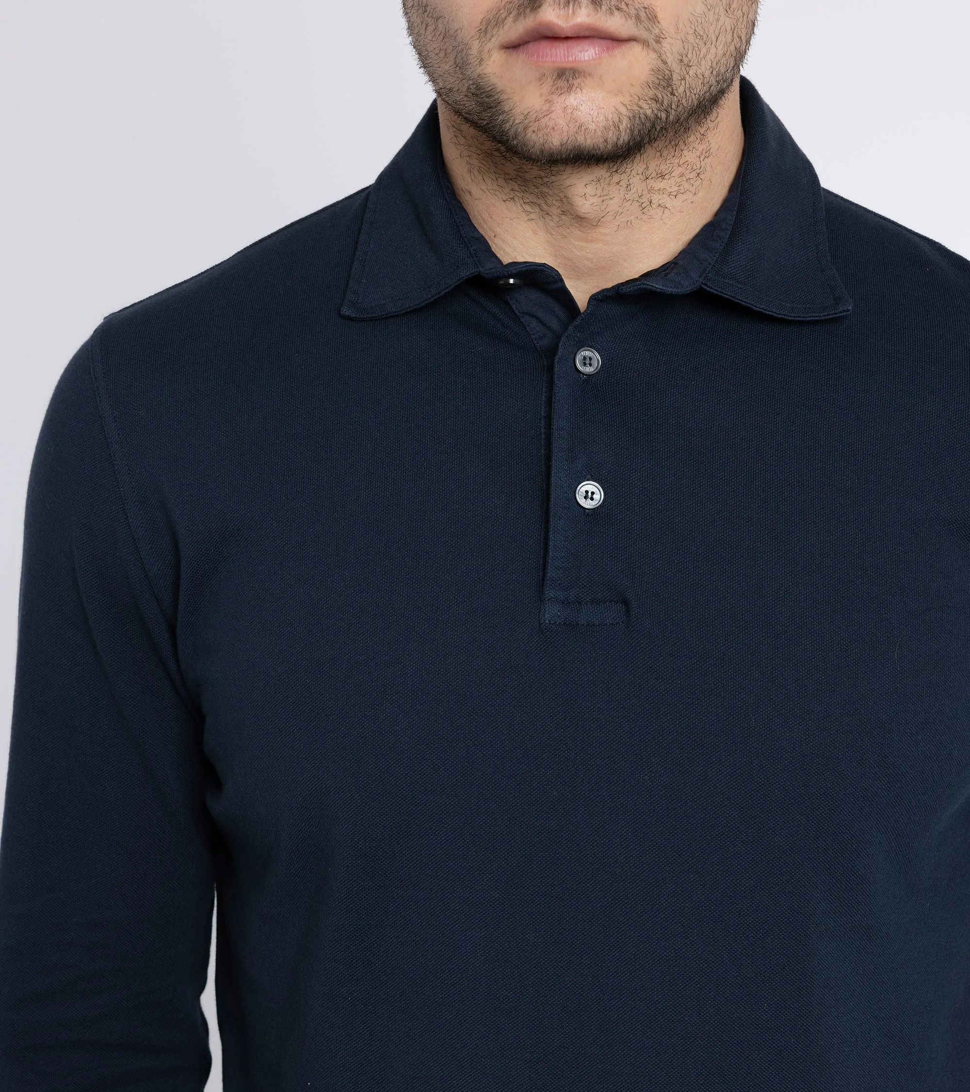 Fedeli North Cotton Pique Long Sleeve Polo Shirt: Navy