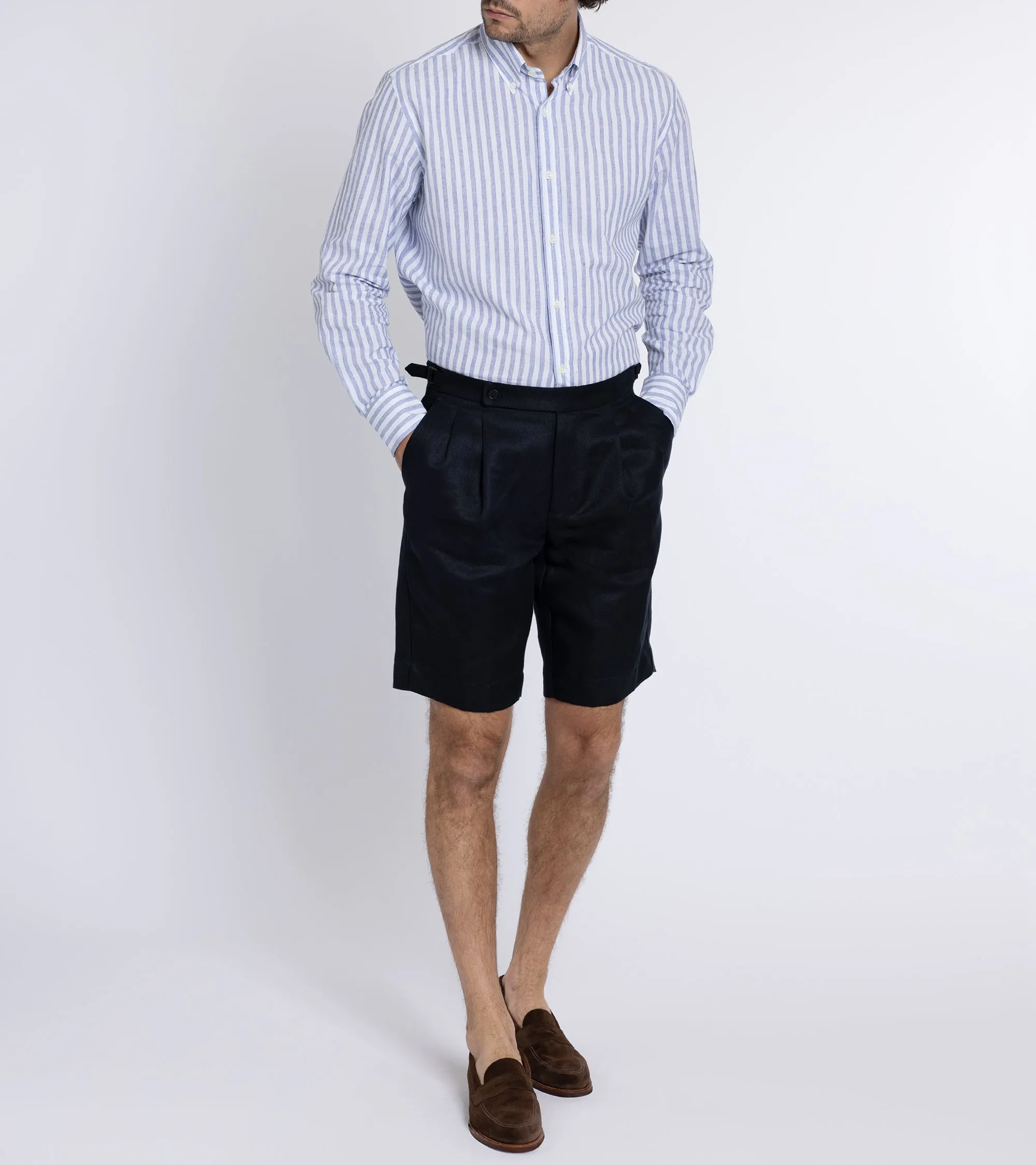 Incotex Pleated Linen Shorts: Navy