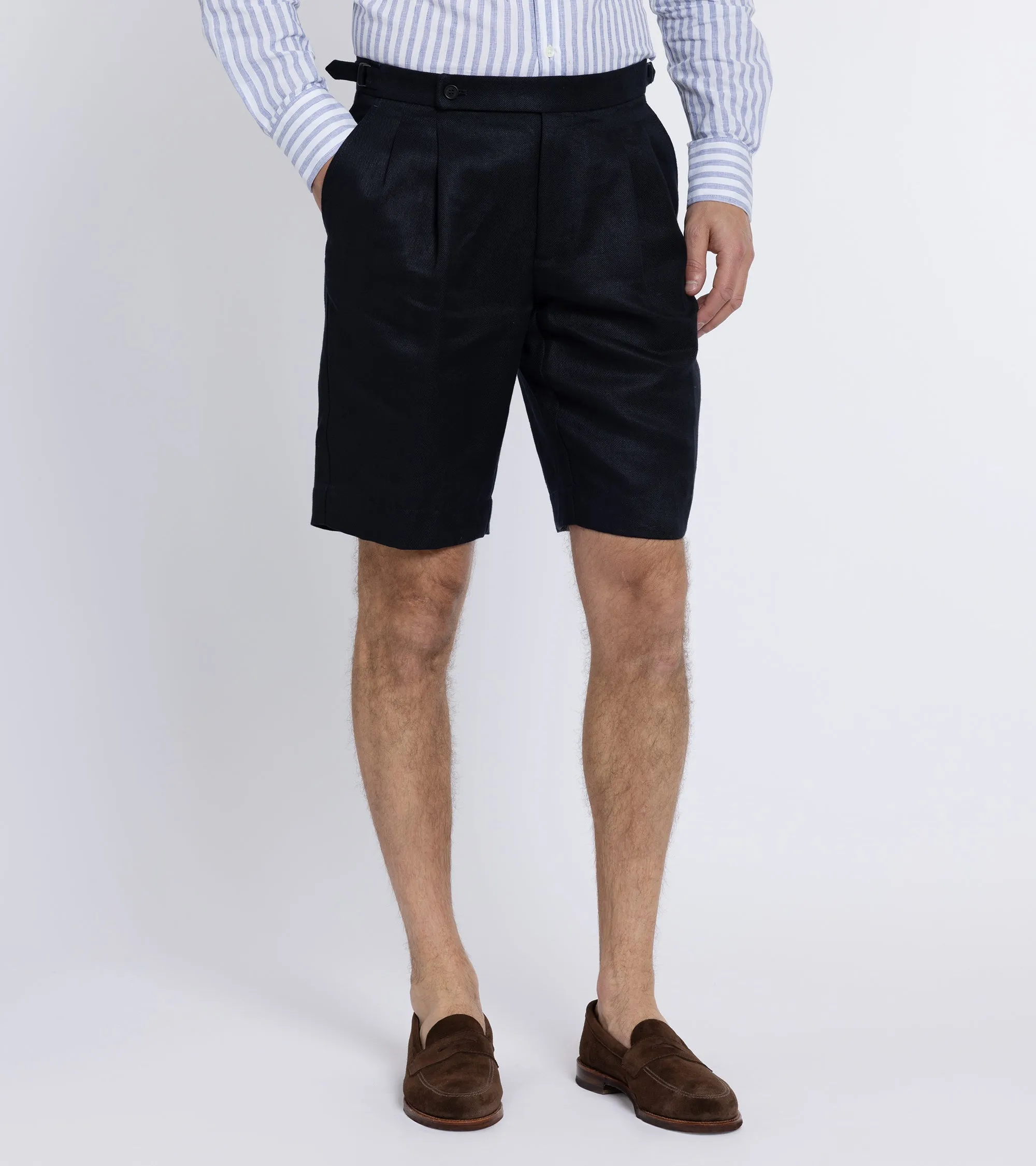 Incotex Pleated Linen Shorts: Navy