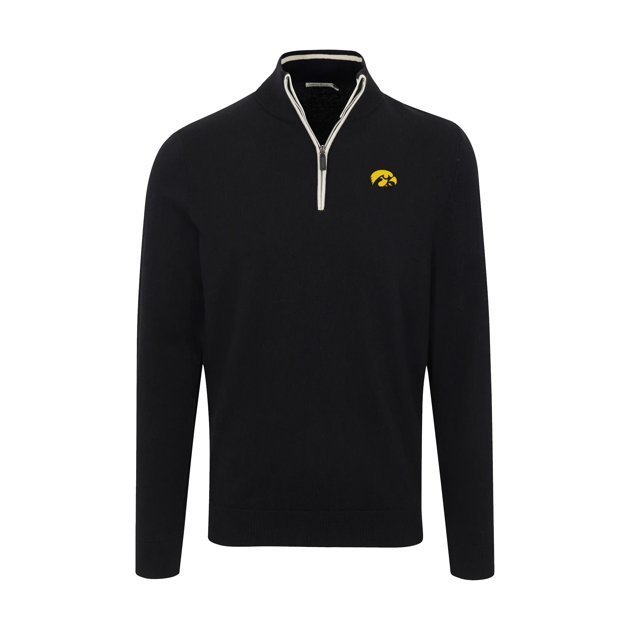 Iowa Black with White Trim Luxury Touch Cotton and Cashmere Quarter Zip Sweater