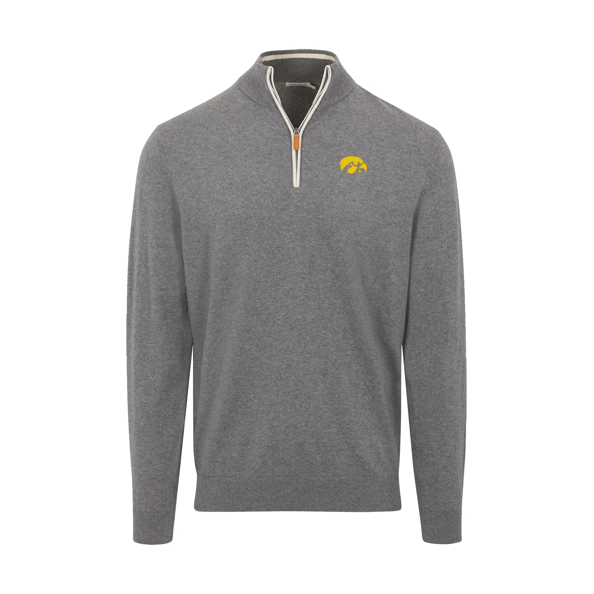Iowa Grey with White Trim Luxury Touch Cotton and Cashmere Quarter Zip Sweater