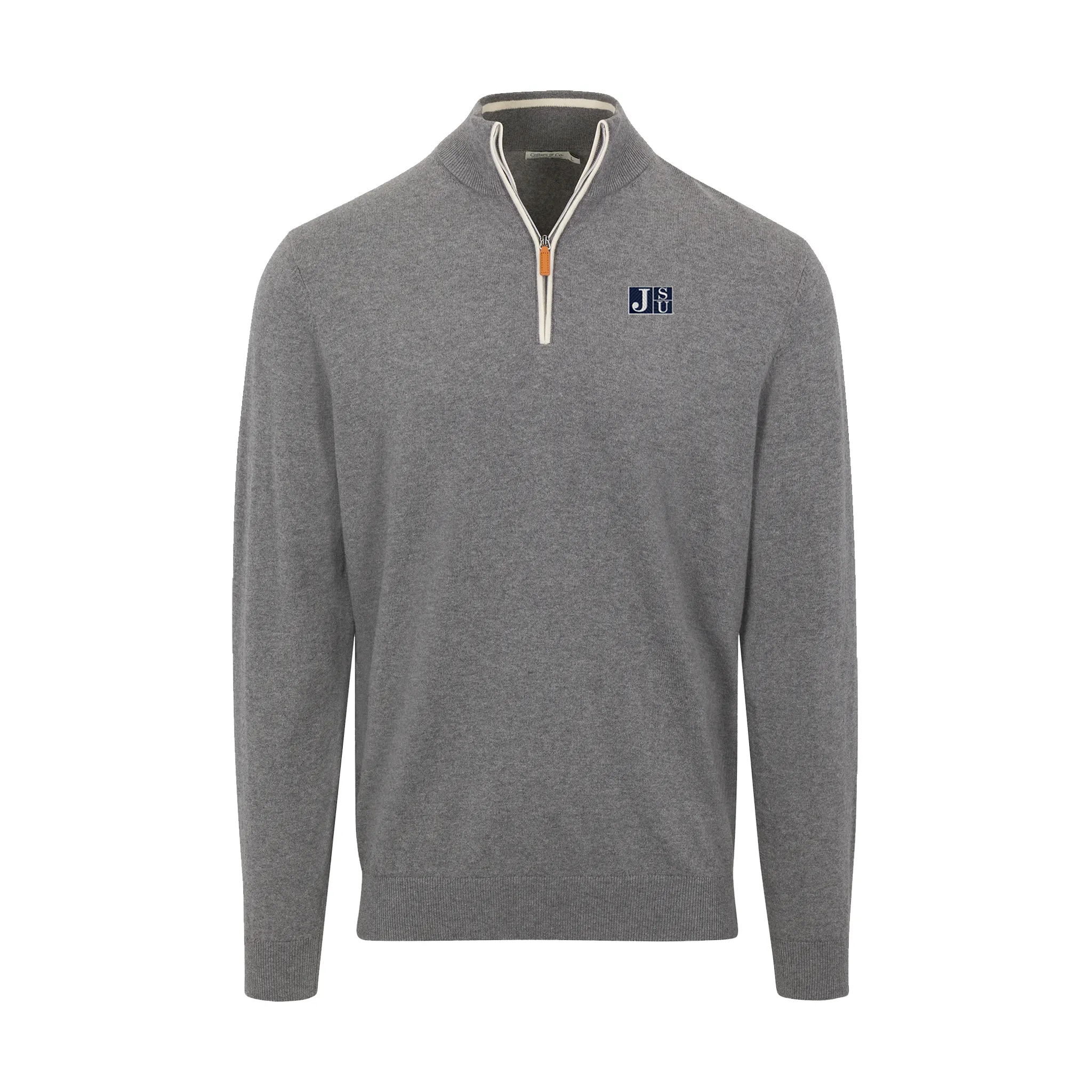 Jackson State Grey with White Trim Luxury Touch Cotton and Cashmere Quarter Zip Sweater
