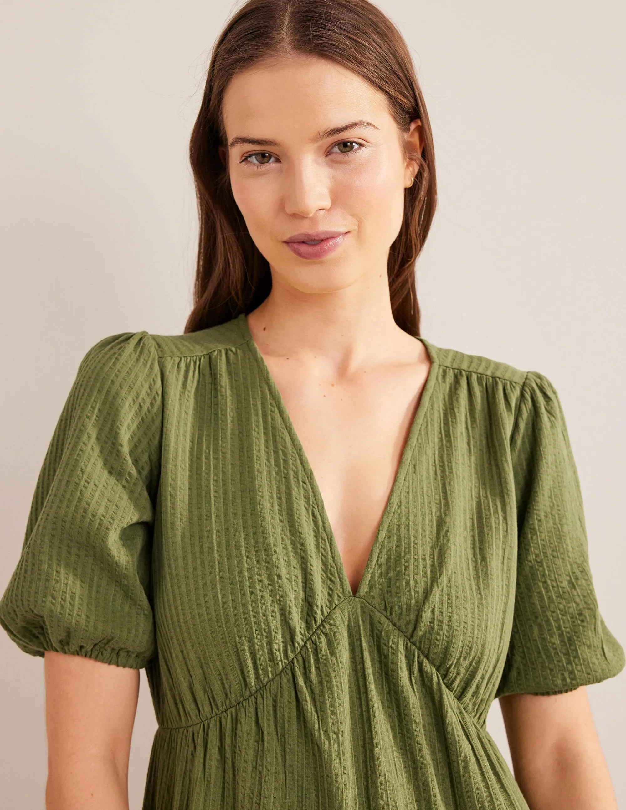 Jersey Seersucker Midi Dress-Washed Khaki