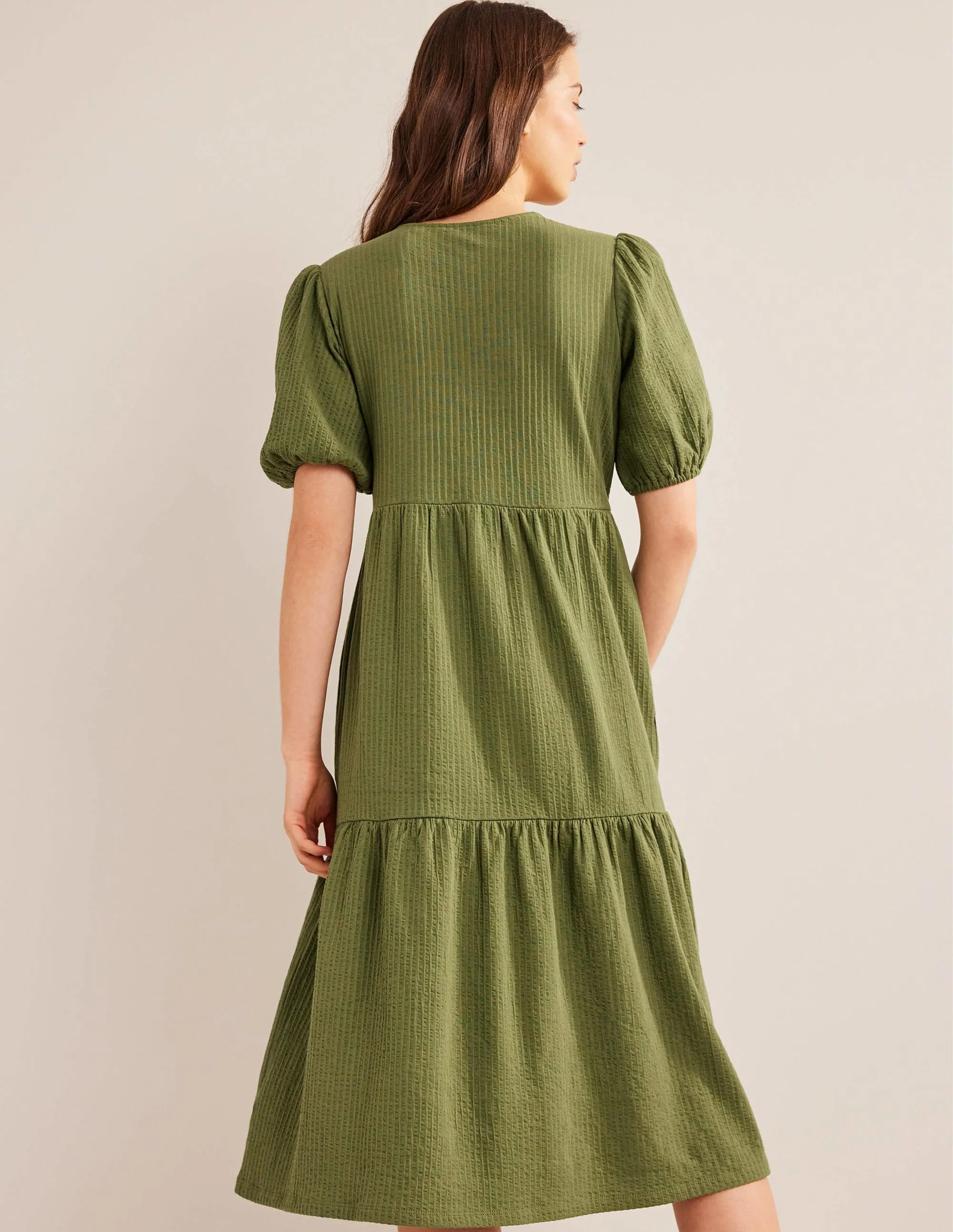 Jersey Seersucker Midi Dress-Washed Khaki