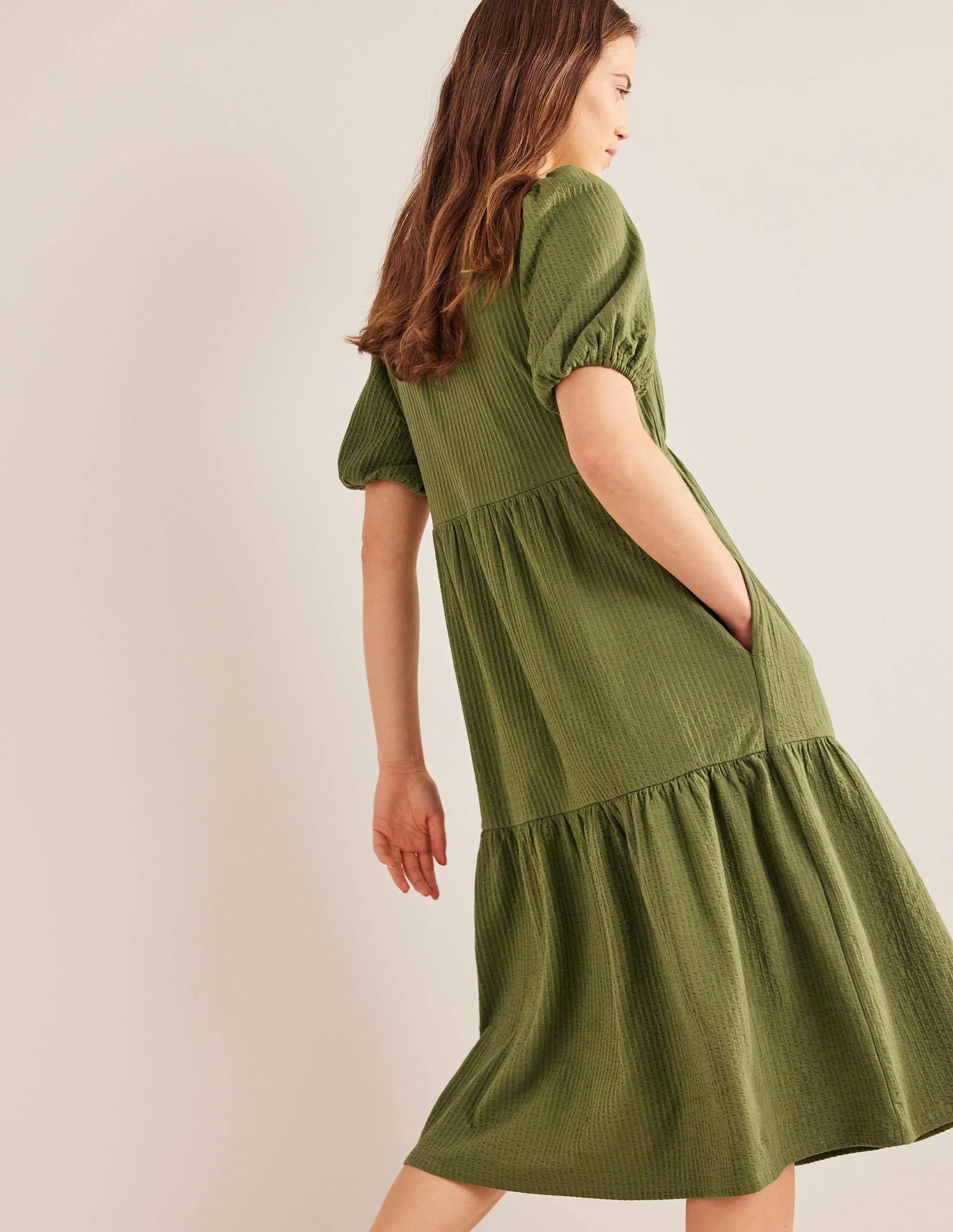 Jersey Seersucker Midi Dress-Washed Khaki