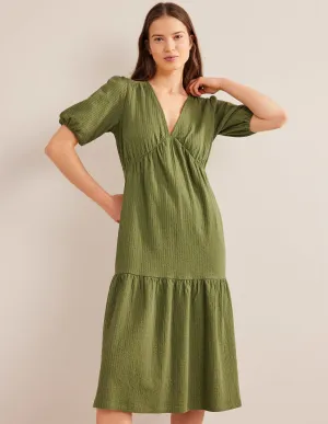 Jersey Seersucker Midi Dress-Washed Khaki