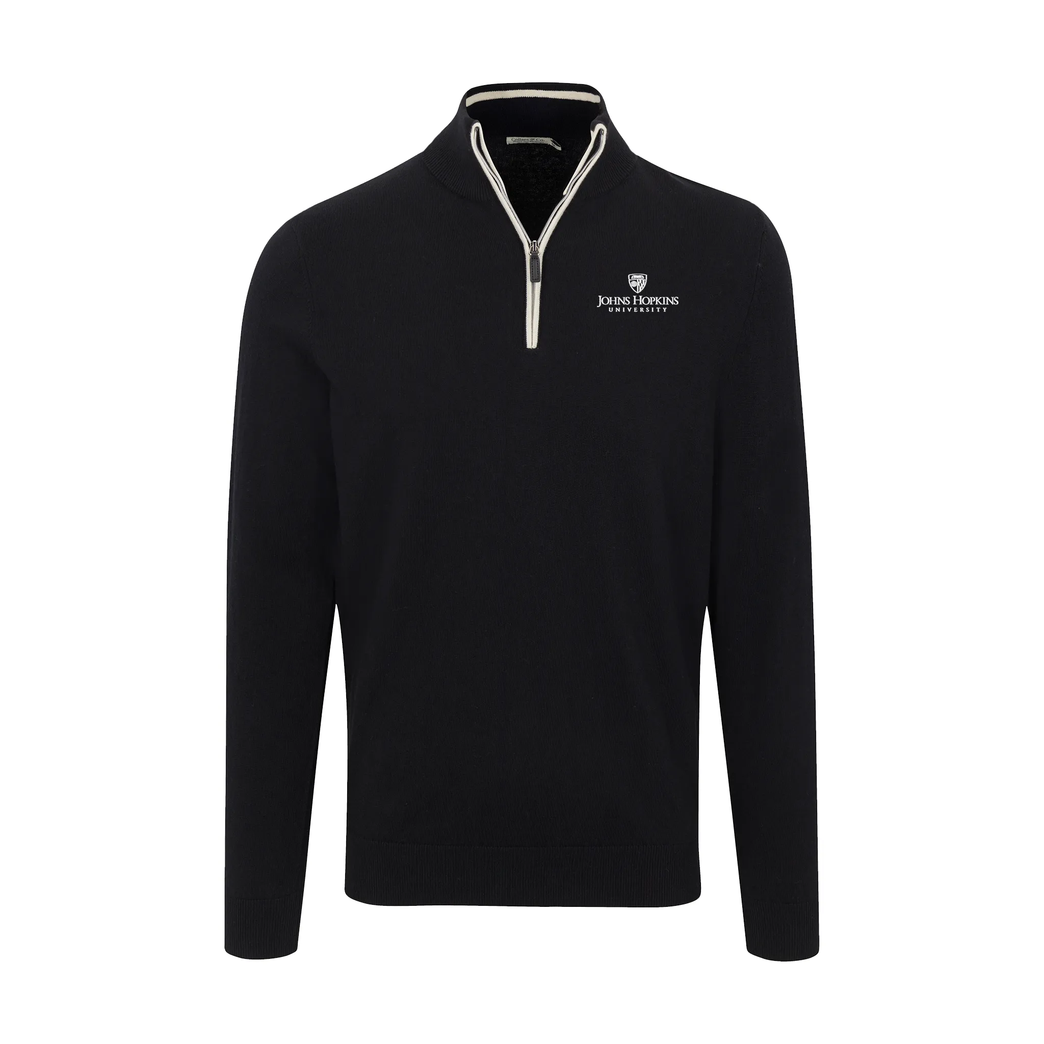 Johns Hopkins Black with White Trim Luxury Touch Cotton and Cashmere Quarter Zip Sweater