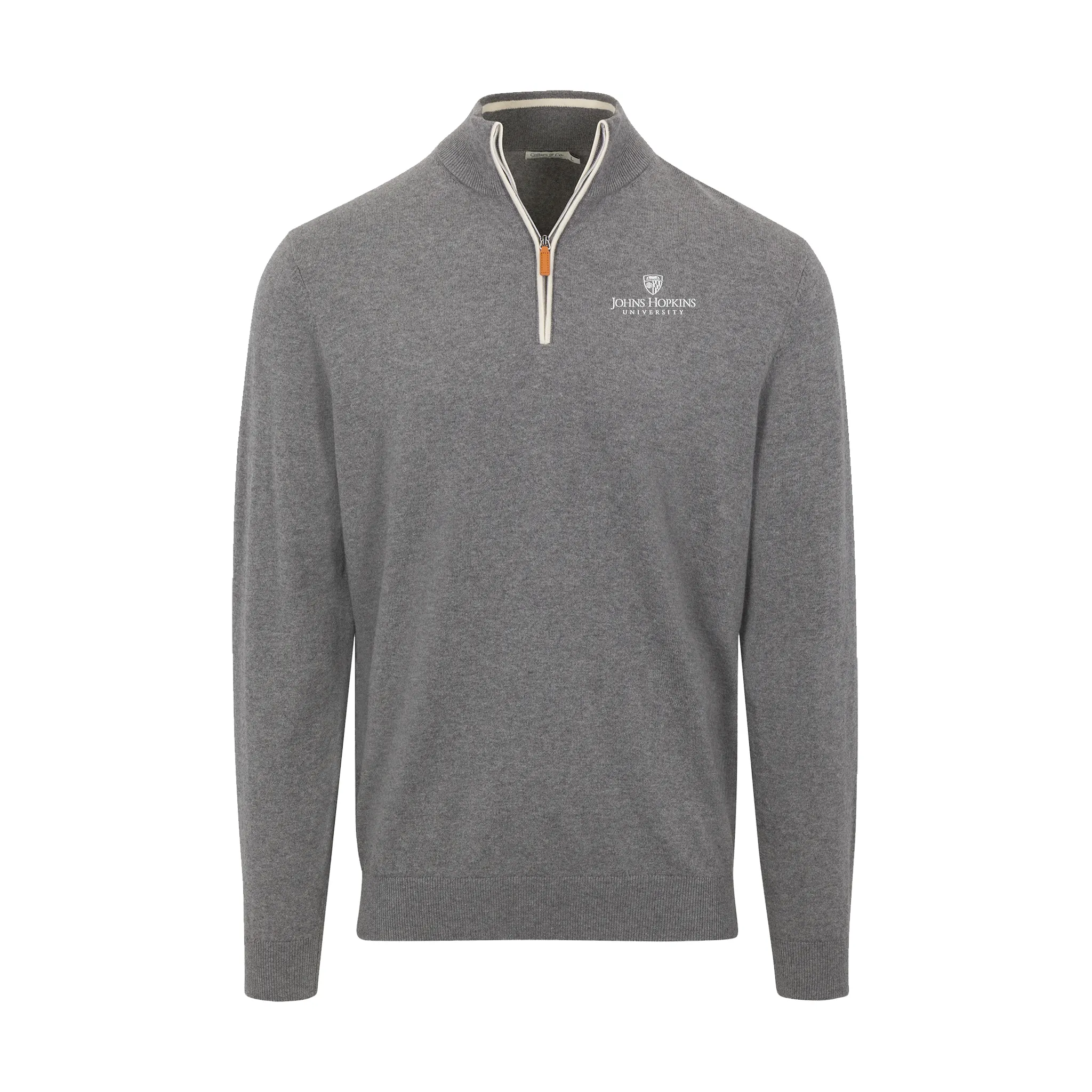 Johns Hopkins Grey with White Trim Luxury Touch Cotton and Cashmere Quarter Zip Sweater