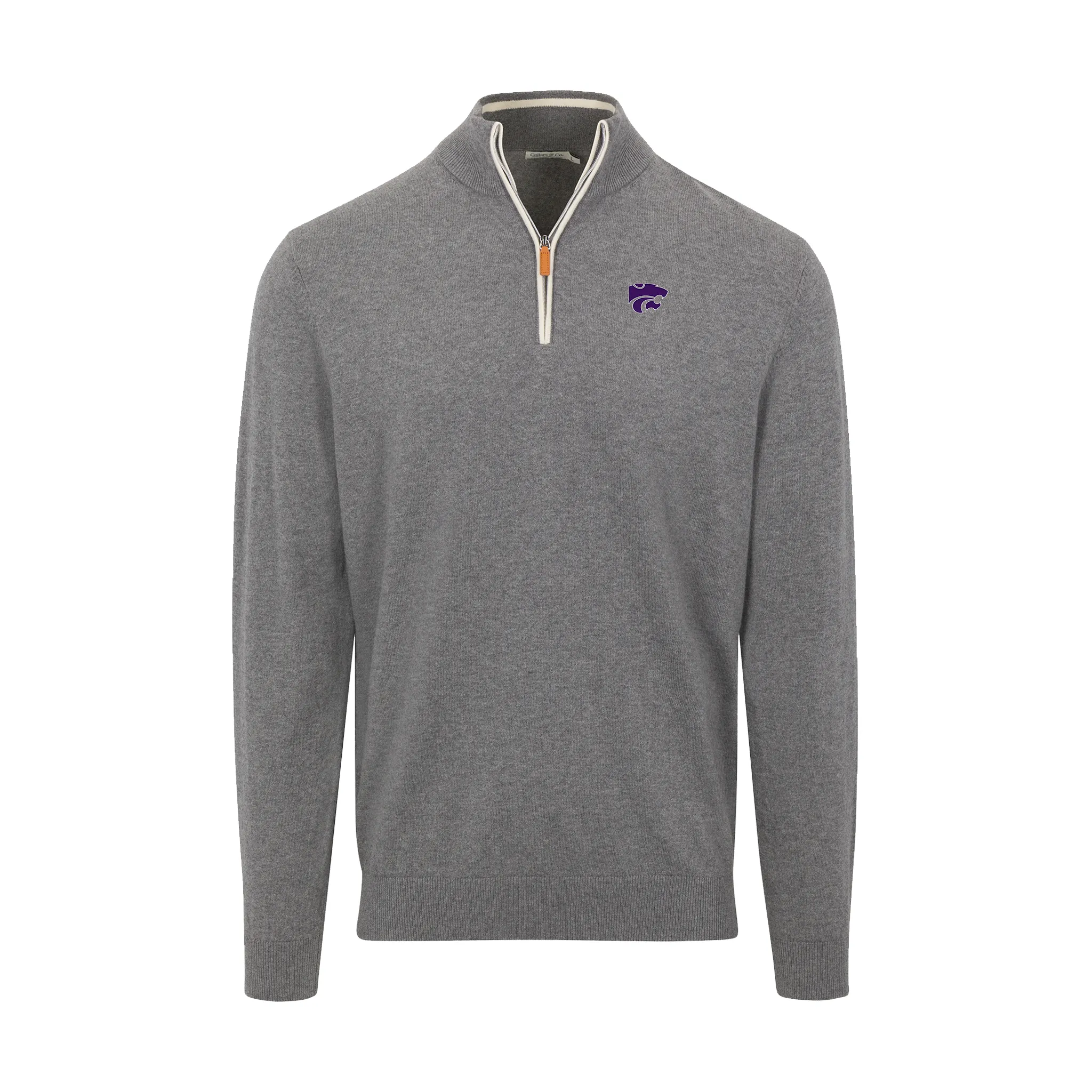 K-State Grey with White Trim Luxury Touch Cotton and Cashmere Quarter Zip Sweater