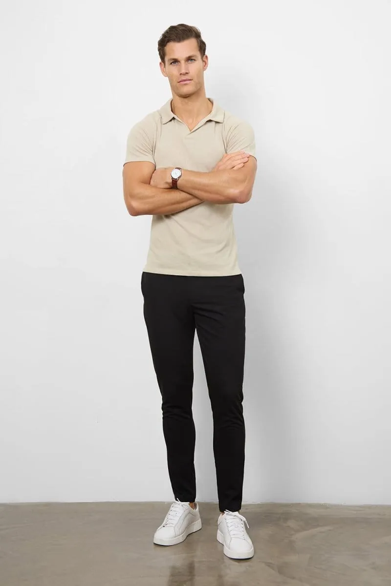 Knit Look Open Collar Polo Shirt in Stone