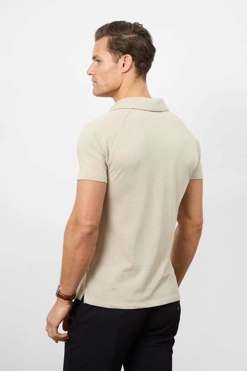 Knit Look Open Collar Polo Shirt in Stone