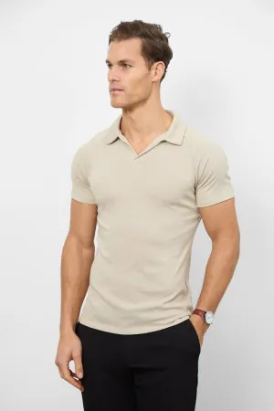 Knit Look Open Collar Polo Shirt in Stone