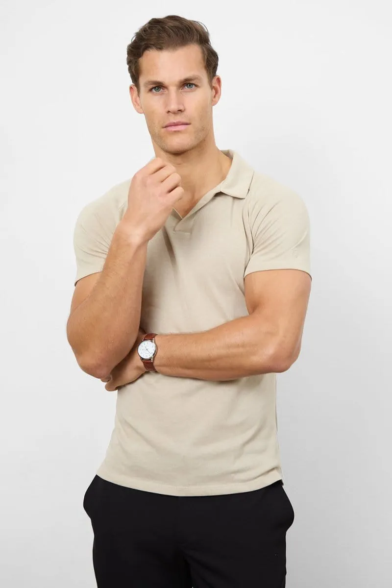 Knit Look Open Collar Polo Shirt in Stone