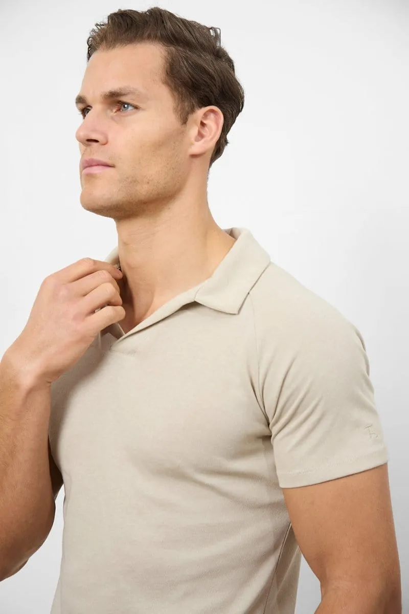 Knit Look Open Collar Polo Shirt in Stone