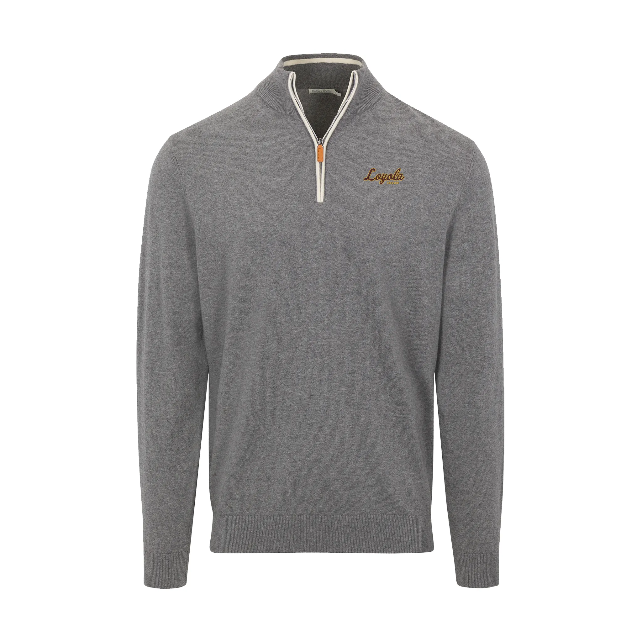 Loyola Chicago Grey with White Trim Luxury Touch Cotton and Cashmere Quarter Zip Sweater