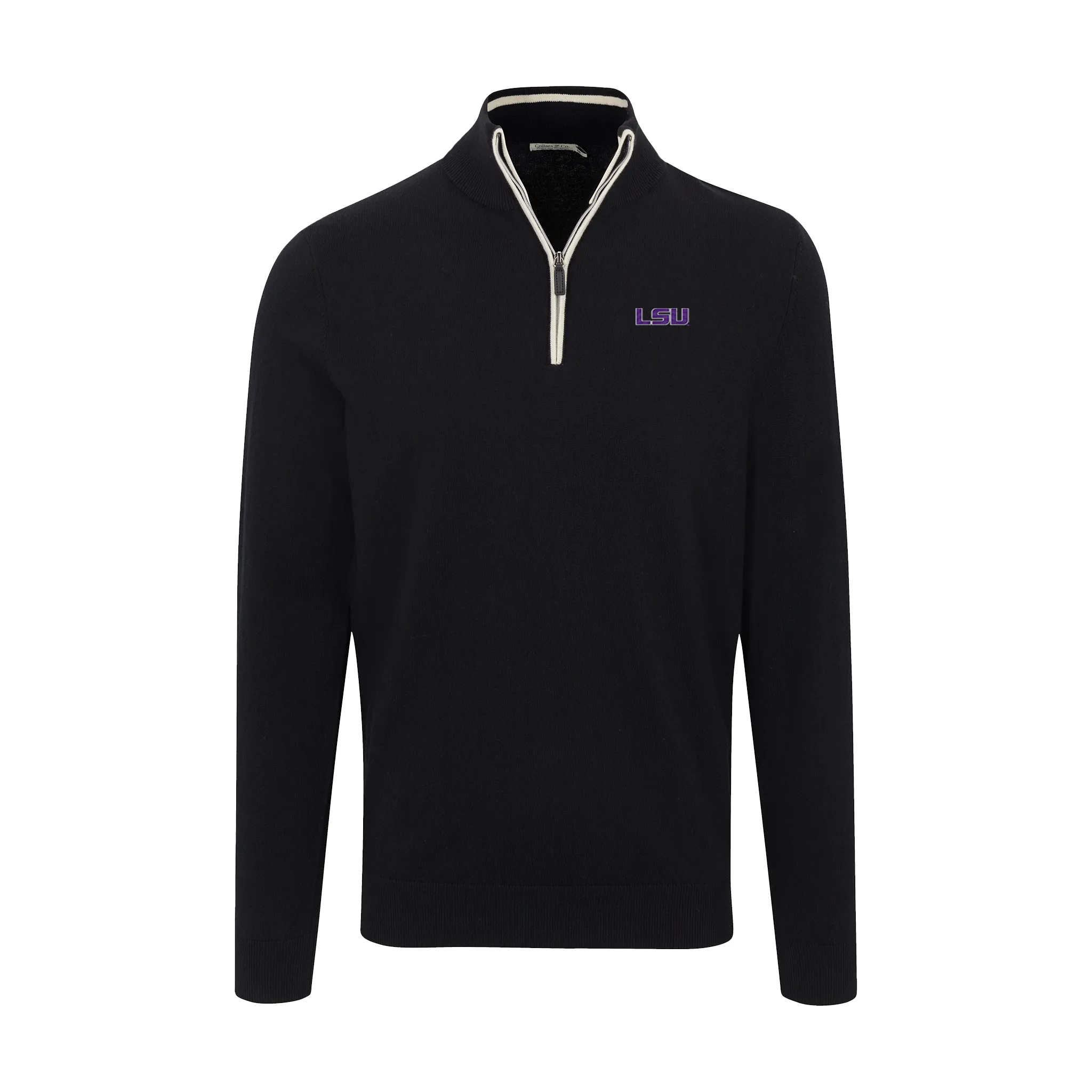 LSU Black with White Trim Luxury Touch Cotton and Cashmere Quarter Zip Sweater
