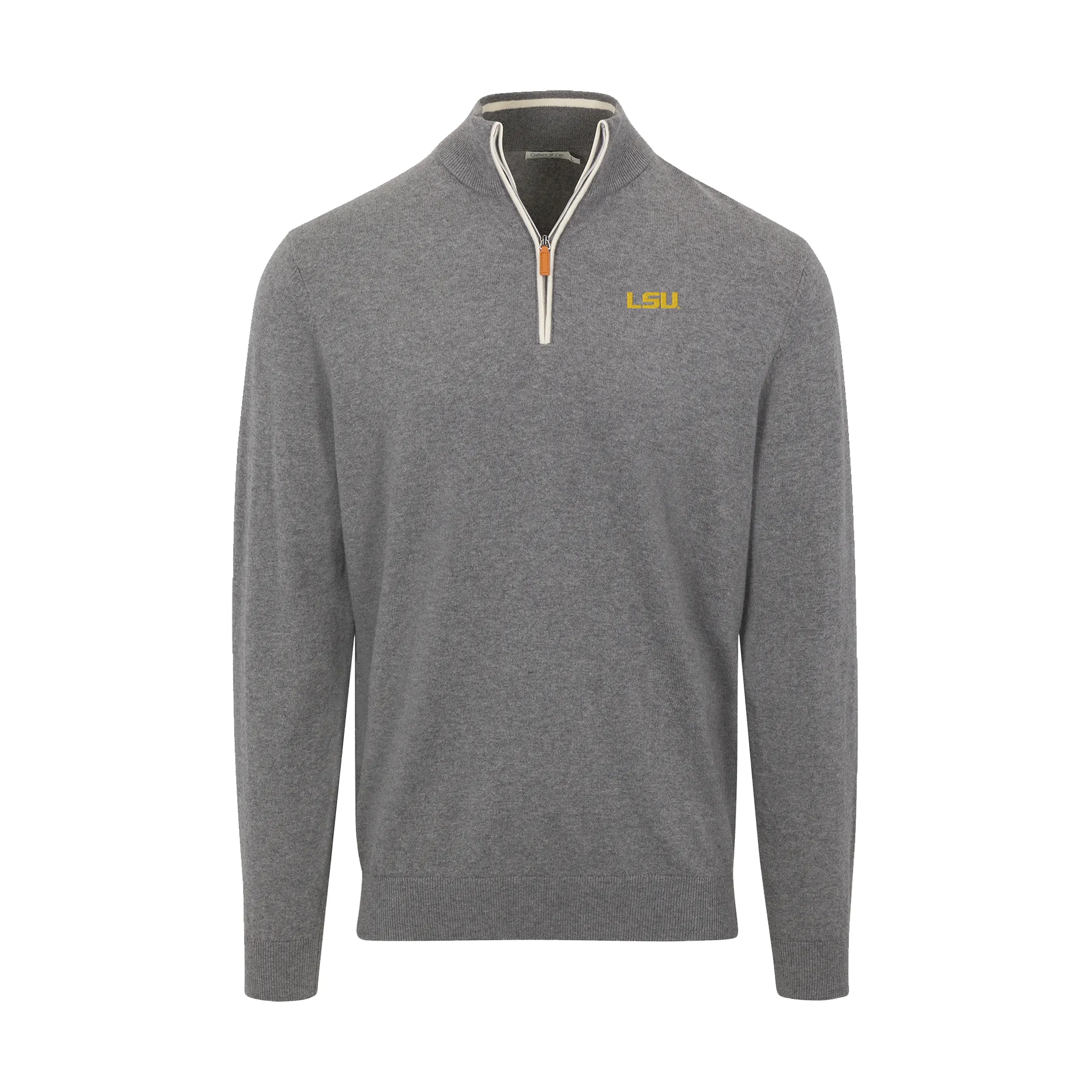 LSU Grey with White Trim Luxury Touch Cotton and Cashmere Quarter Zip Sweater