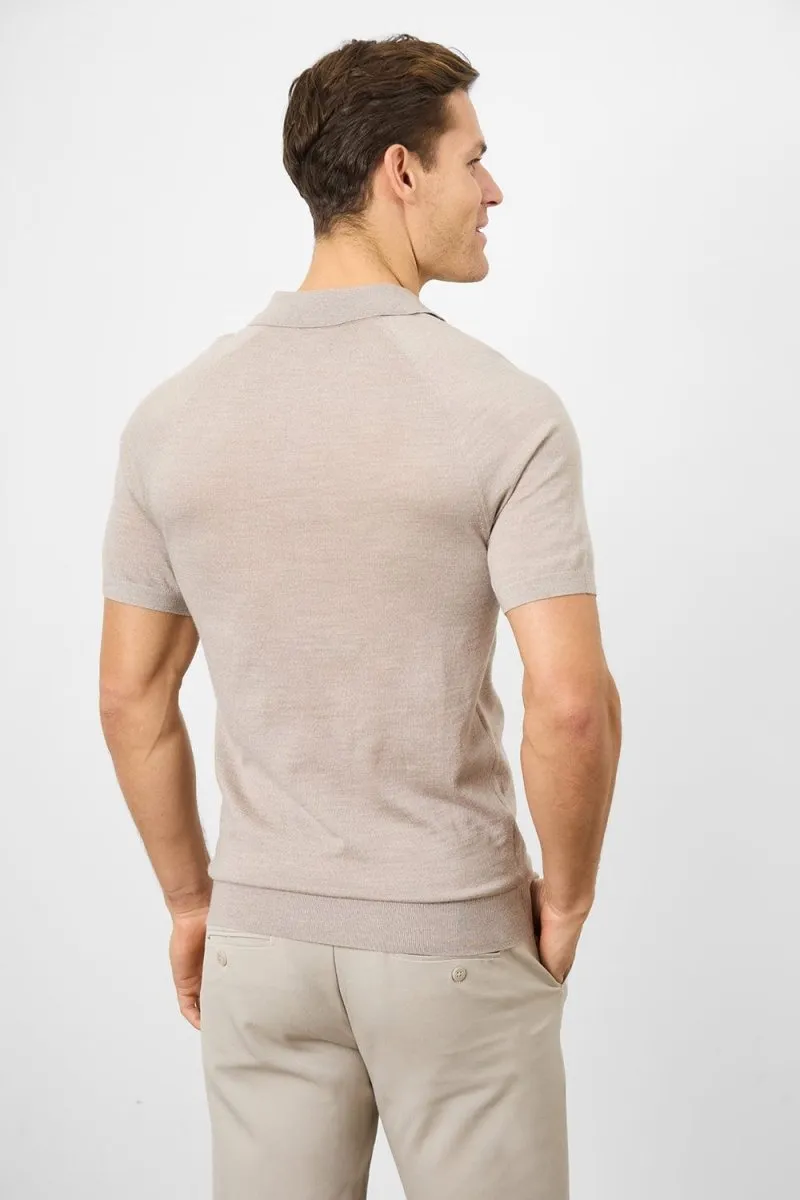 Merino Open Collar Polo Shirt in Wheat Marl