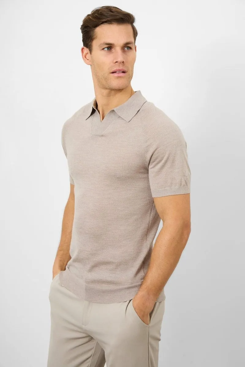 Merino Open Collar Polo Shirt in Wheat Marl
