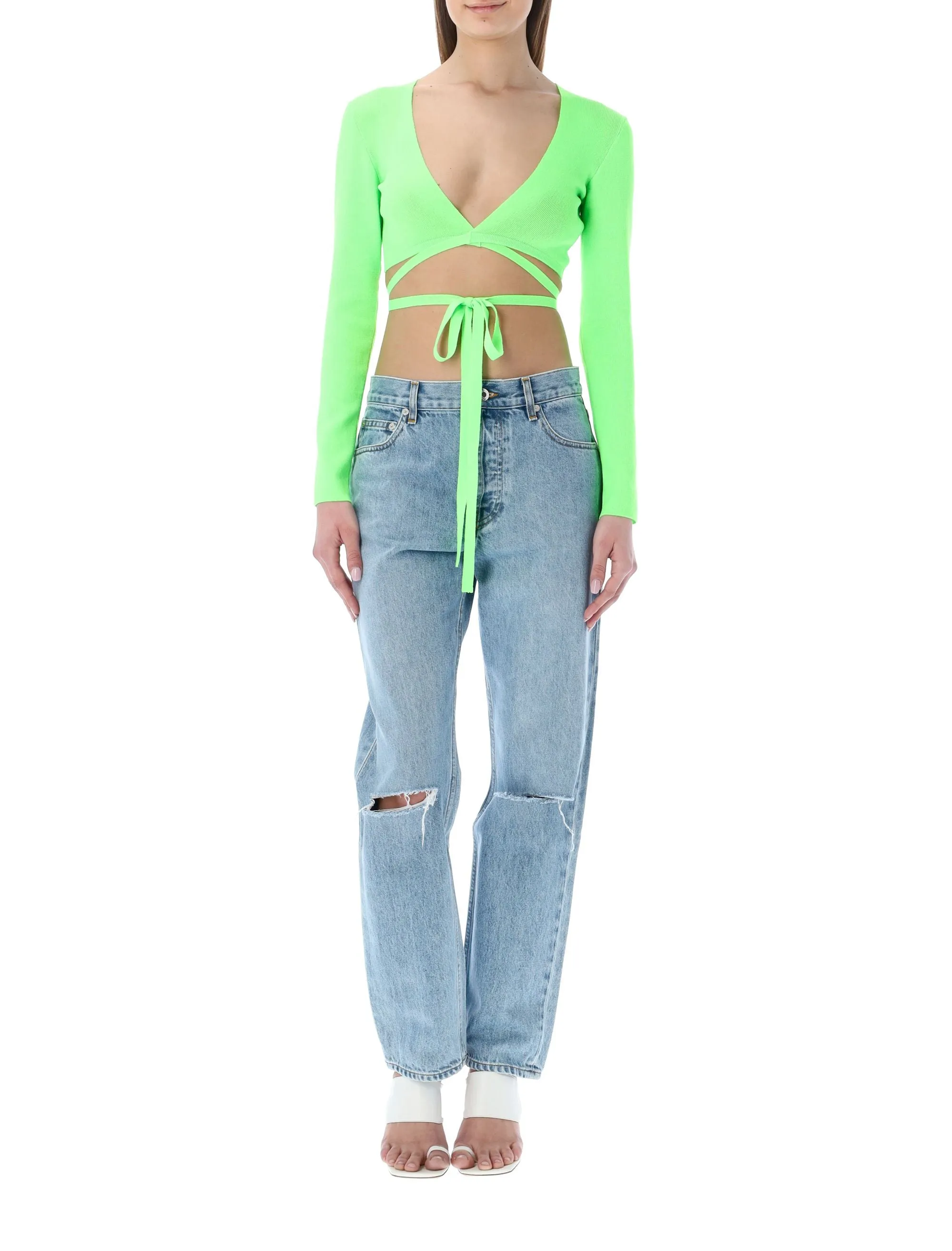 MSGM V-Neck Lace-Up Knitted Cropped Top
