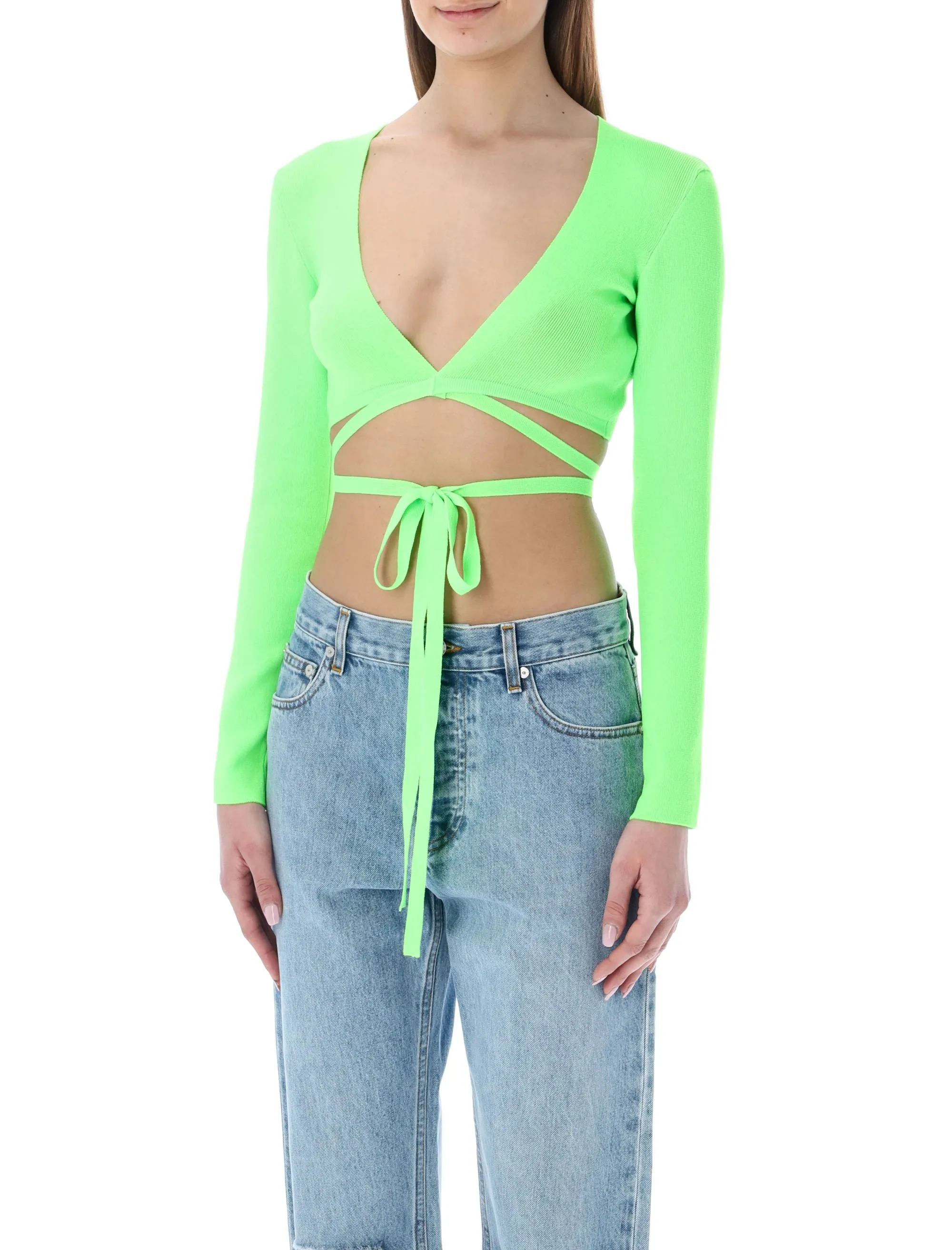 MSGM V-Neck Lace-Up Knitted Cropped Top